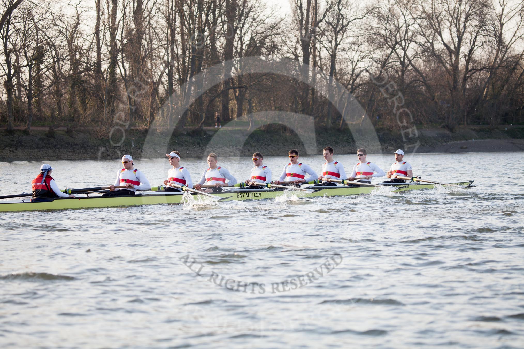 The Boat Race season 2014 - fixture OUBC vs German U23: The German U23-boat approaching the Mile Post..
River Thames between Putney Bridge and Chiswick Bridge,



on 08 March 2014 at 16:49, image #89