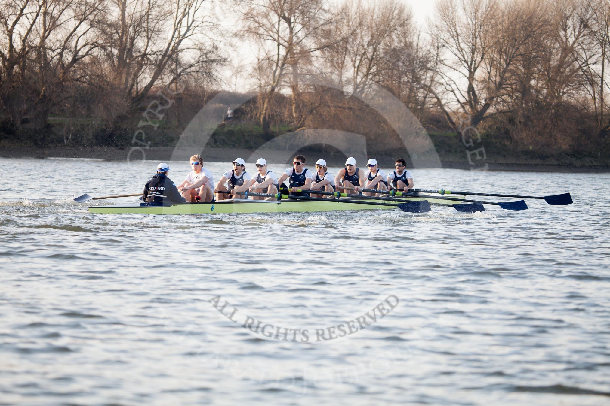 The Boat Race season 2014 - fixture OUBC vs German U23: The OUBC boat near the Mile Post..
River Thames between Putney Bridge and Chiswick Bridge,



on 08 March 2014 at 16:49, image #92