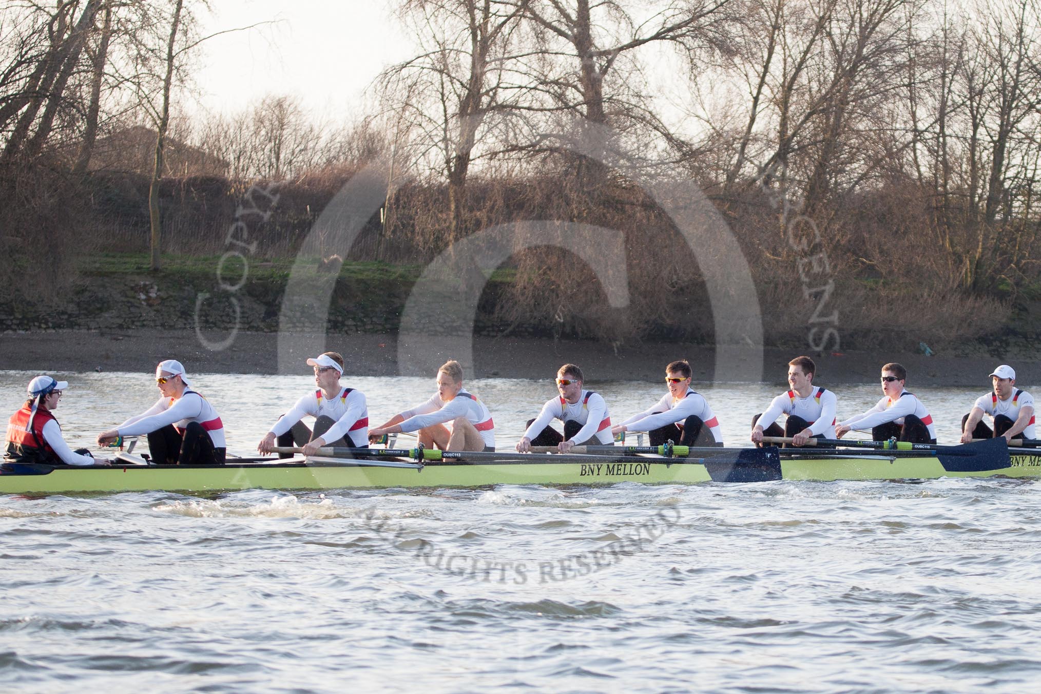 The Boat Race season 2014 - fixture OUBC vs German U23: The German U23-boat approaching the Mile Post..
River Thames between Putney Bridge and Chiswick Bridge,



on 08 March 2014 at 16:49, image #94
