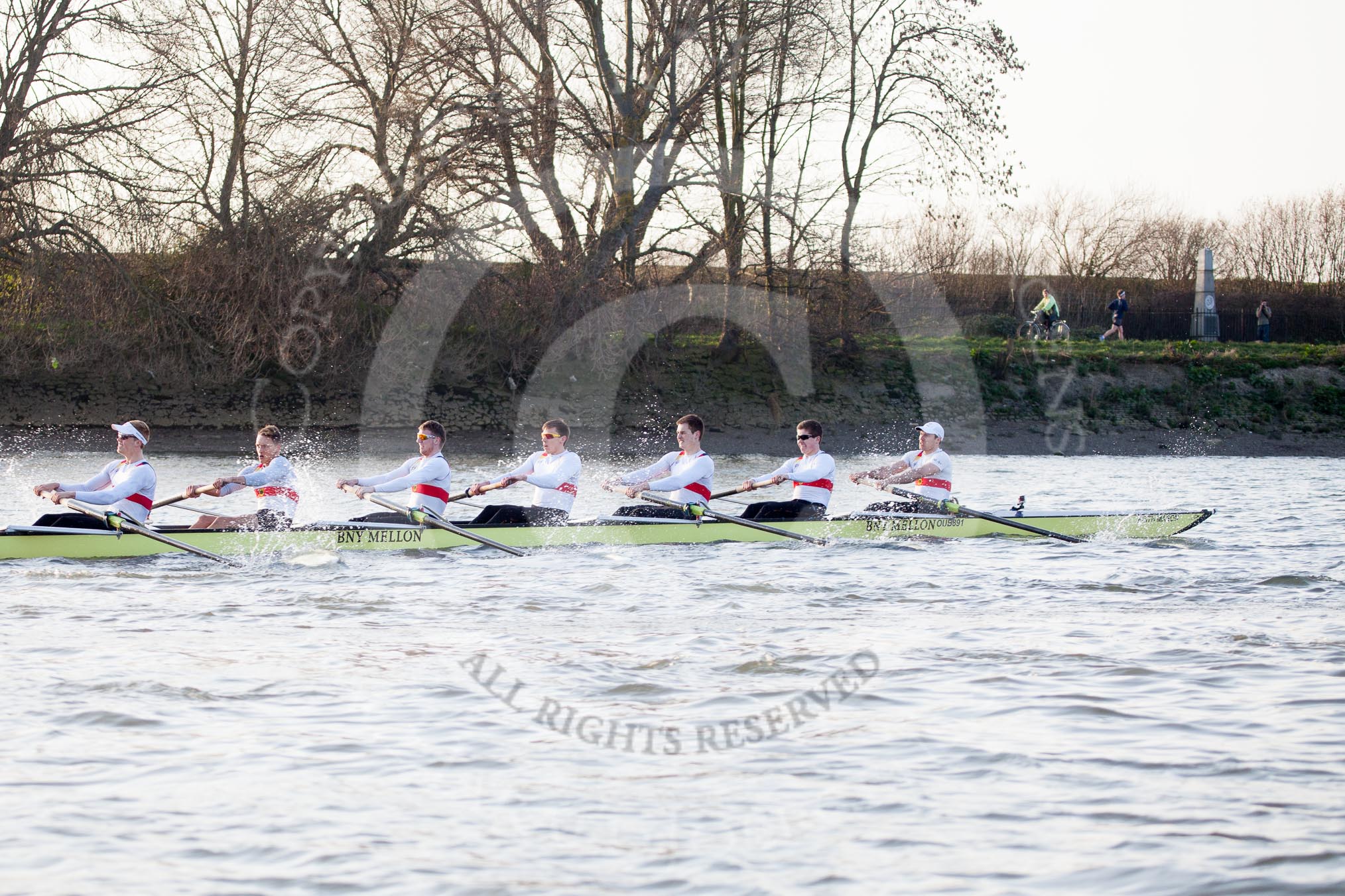 The Boat Race season 2014 - fixture OUBC vs German U23: The German U23-boat at the Mile Post..
River Thames between Putney Bridge and Chiswick Bridge,



on 08 March 2014 at 16:49, image #95