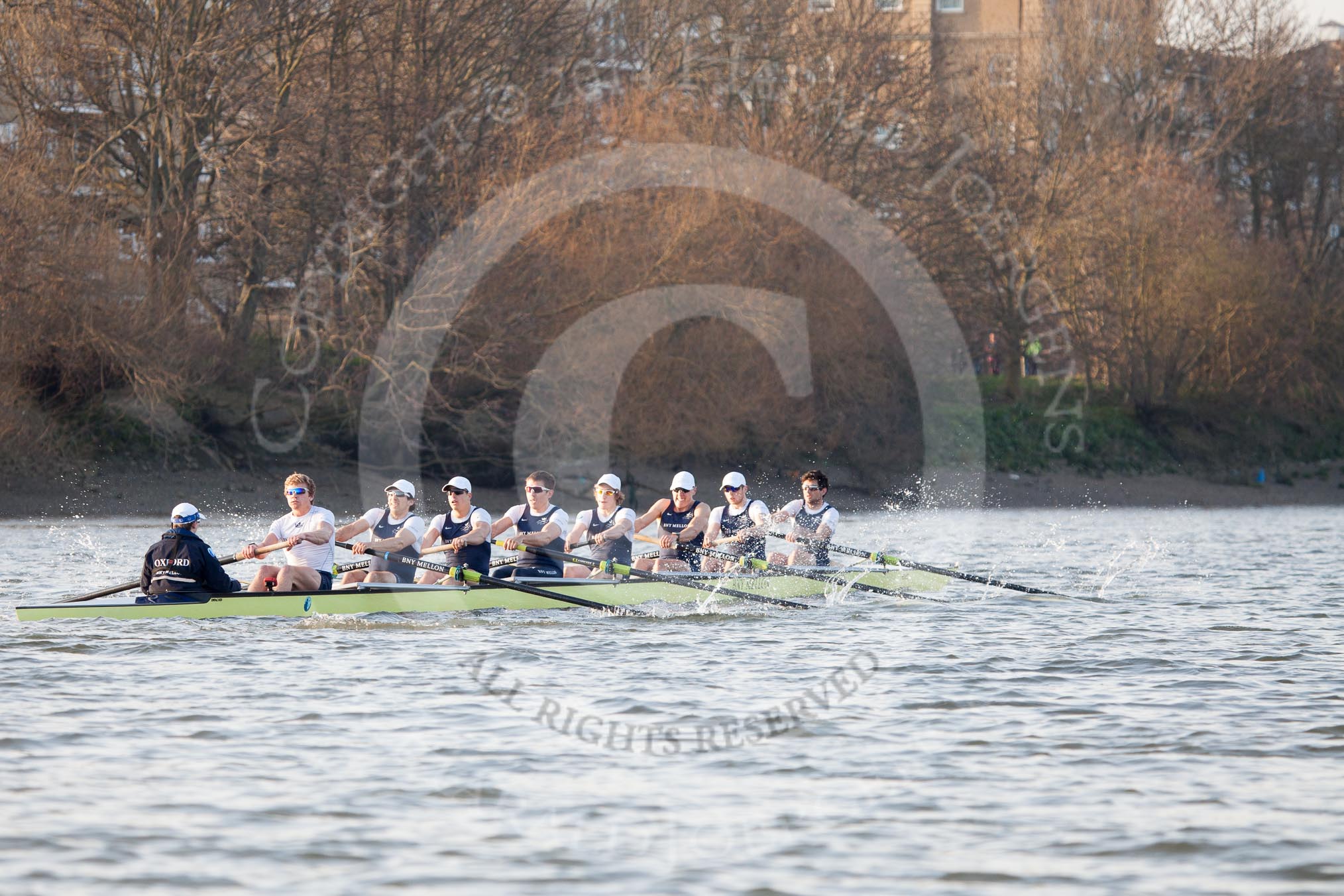 The Boat Race season 2014 - fixture OUBC vs German U23: The OUBC boat approaching the Harrods Depository..
River Thames between Putney Bridge and Chiswick Bridge,



on 08 March 2014 at 16:50, image #99