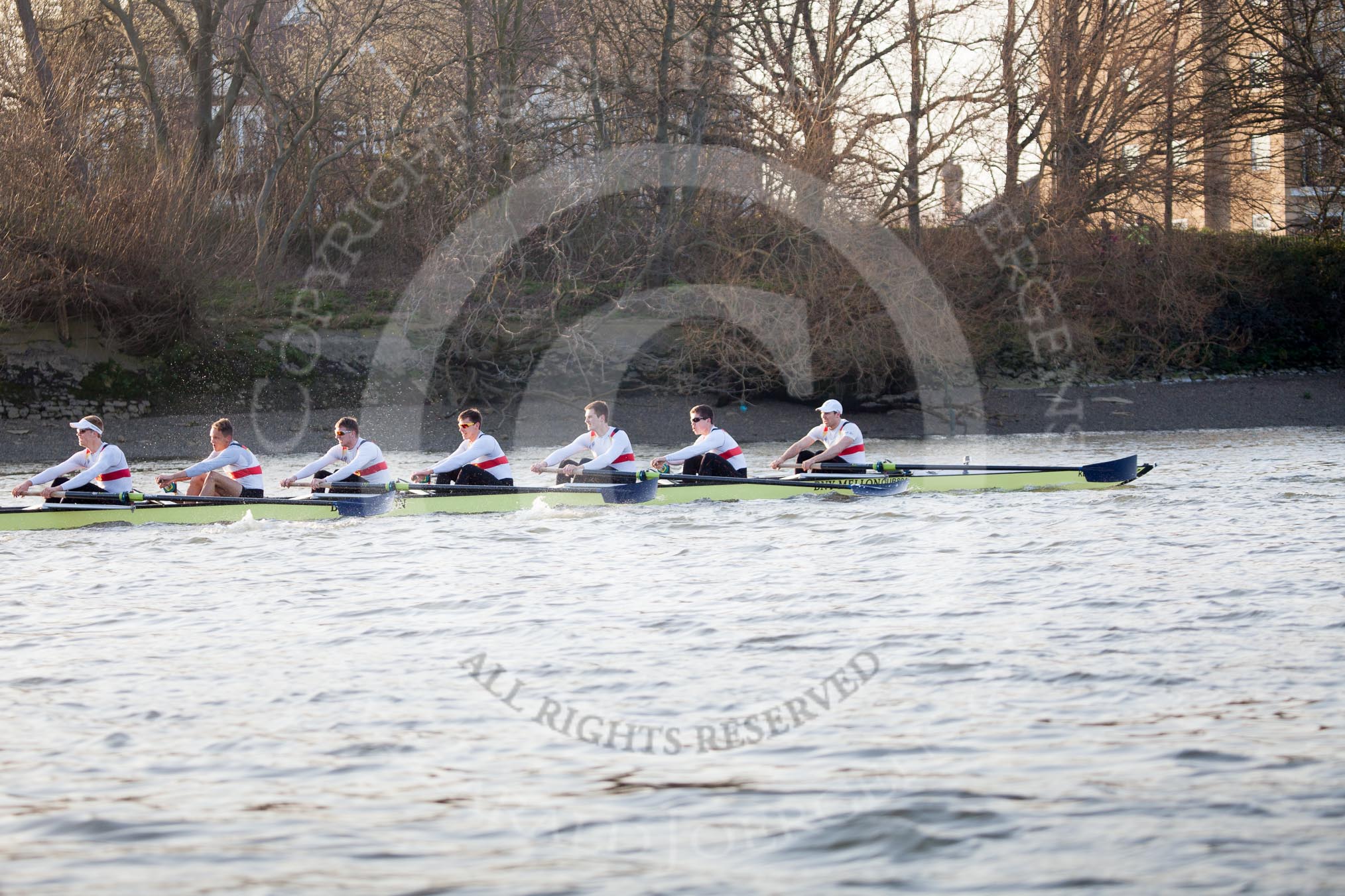 The Boat Race season 2014 - fixture OUBC vs German U23: The German U23-boat approaching the Harrods Depository..
River Thames between Putney Bridge and Chiswick Bridge,



on 08 March 2014 at 16:50, image #100