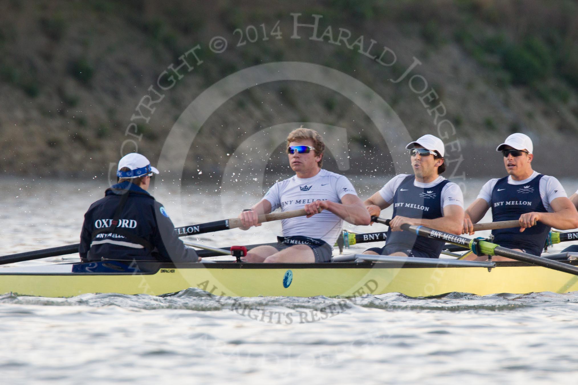 The Boat Race season 2014 - fixture OUBC vs German U23: The OUBC boat: Cox Laurence Harvey, stroke Constantine Louloudis, 7 Sam O’Connor, 6 Michael Di Santo..
River Thames between Putney Bridge and Chiswick Bridge,



on 08 March 2014 at 16:51, image #111
