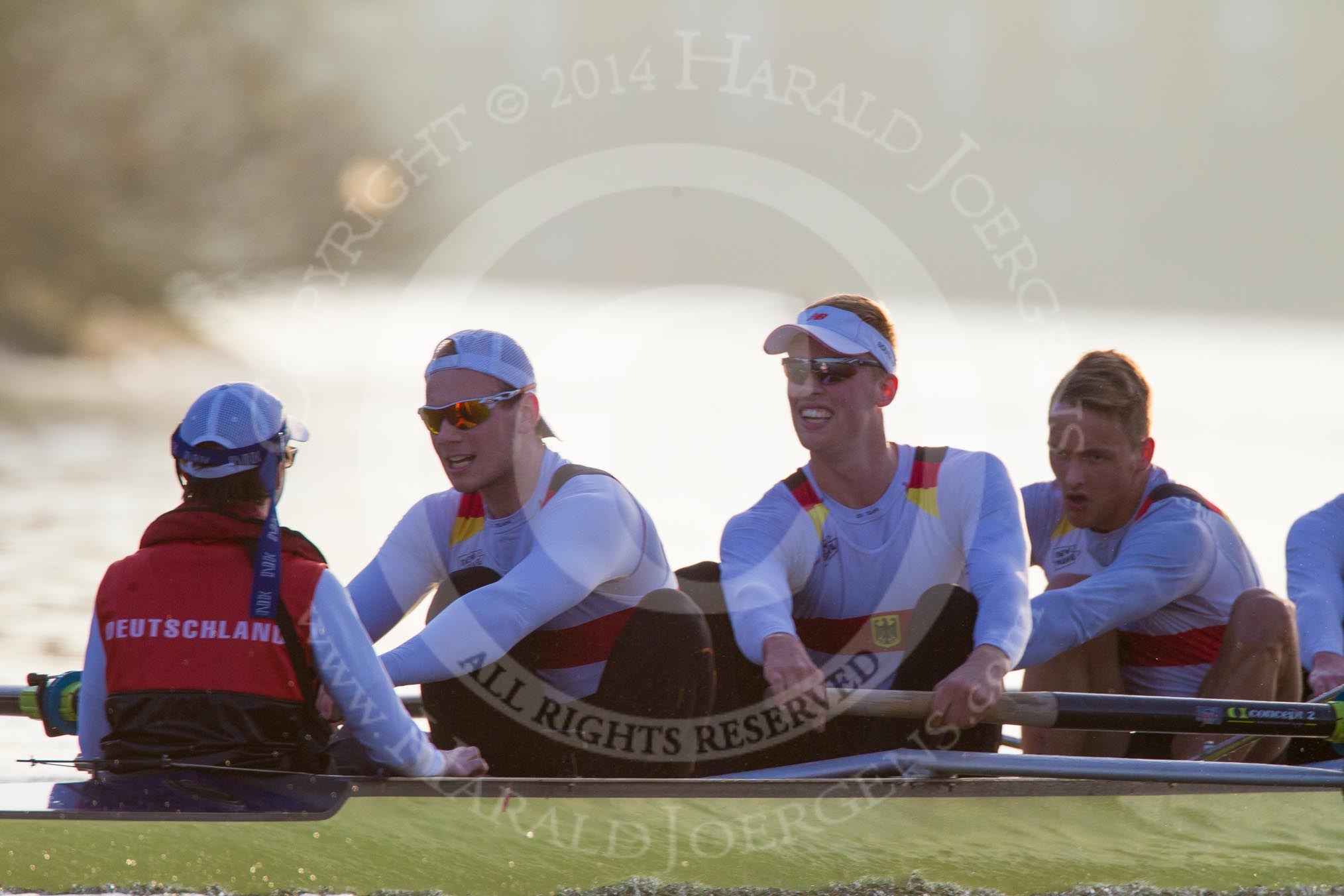 The Boat Race season 2014 - fixture OUBC vs German U23: The German U23-boat: Cox Torben Johannesen, stroke Eike Kutzki, 7 Ole Schwiethal, 6 Arne Schwiethal..
River Thames between Putney Bridge and Chiswick Bridge,



on 08 March 2014 at 16:55, image #137