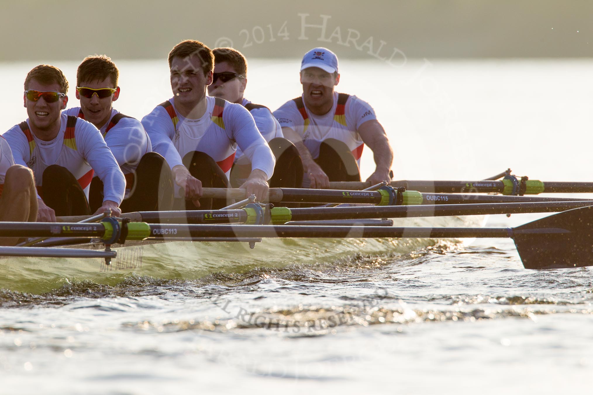 The Boat Race season 2014 - fixture OUBC vs German U23: The German U23-boat: 5 Johannes Weissenfeld, 4 Maximilian Korge, 3 Malte Daberkow, 2 Finn Knuppel, bow Jonas Wiesen..
River Thames between Putney Bridge and Chiswick Bridge,



on 08 March 2014 at 16:55, image #139