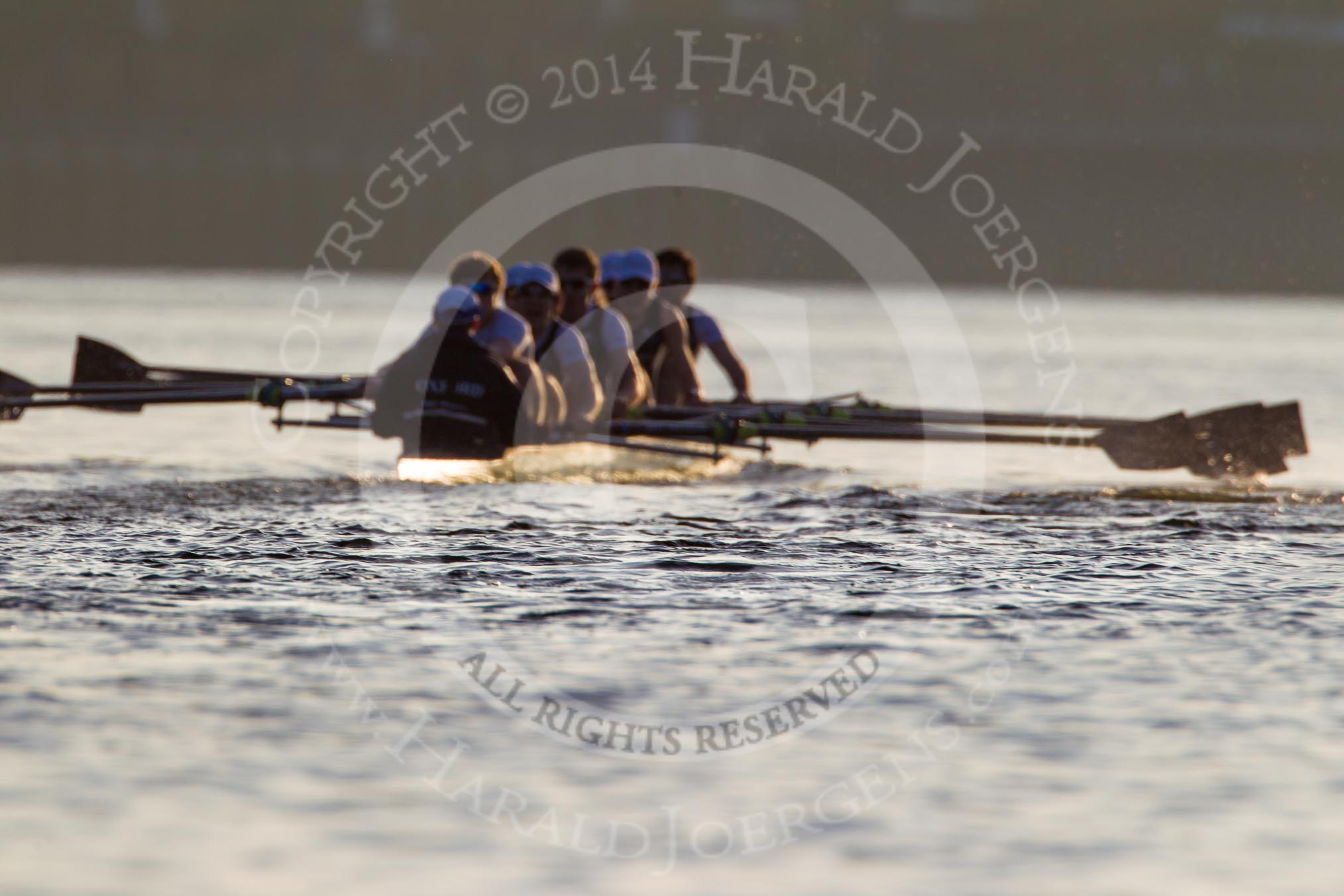 The Boat Race season 2014 - fixture OUBC vs German U23: The OUBC boat in the low evening sun..
River Thames between Putney Bridge and Chiswick Bridge,



on 08 March 2014 at 16:56, image #149