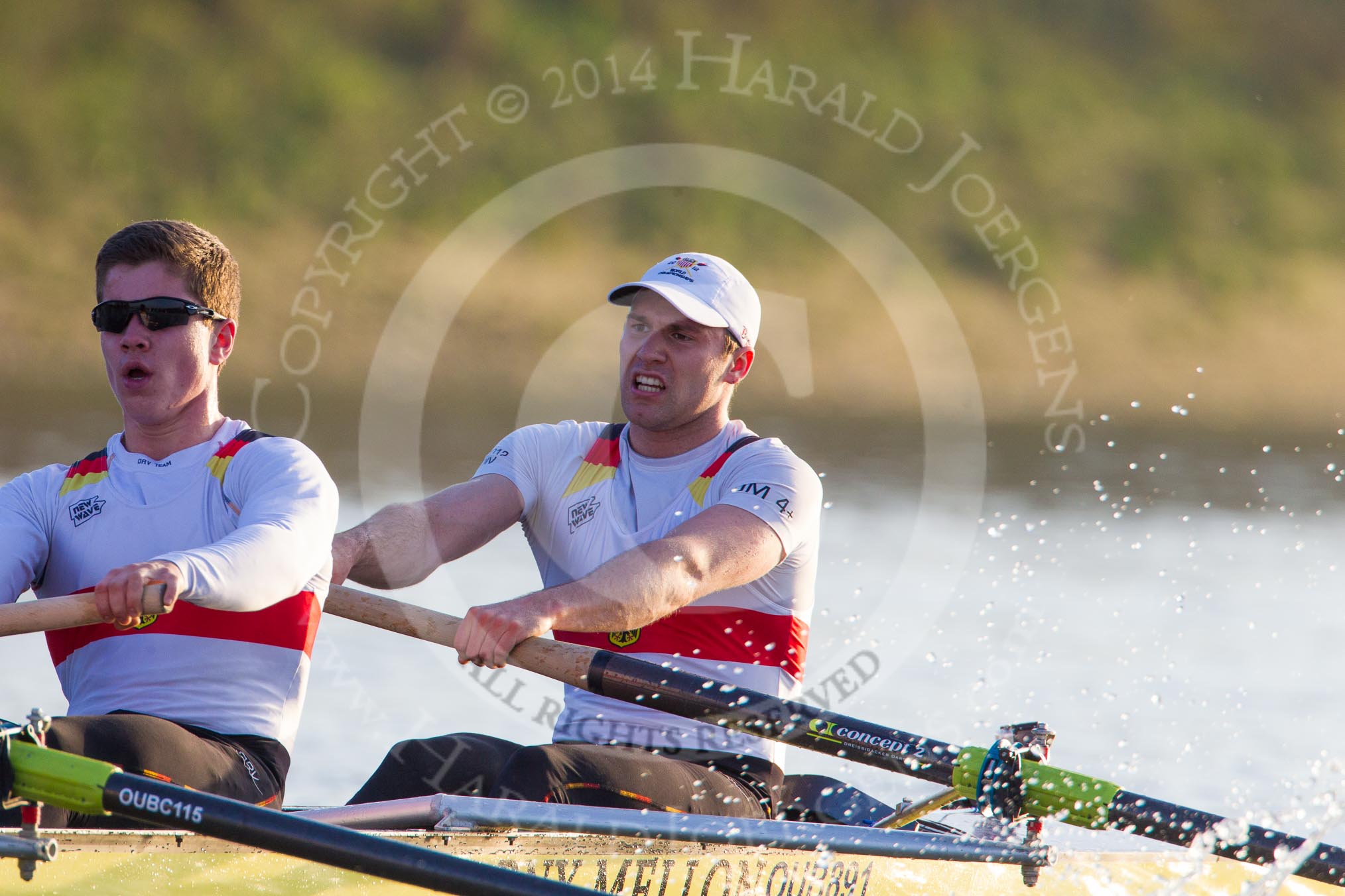 The Boat Race season 2014 - fixture OUBC vs German U23: The German U23-boat: 2 Finn Knuppel, bow Jonas Wiesen..
River Thames between Putney Bridge and Chiswick Bridge,



on 08 March 2014 at 16:56, image #153