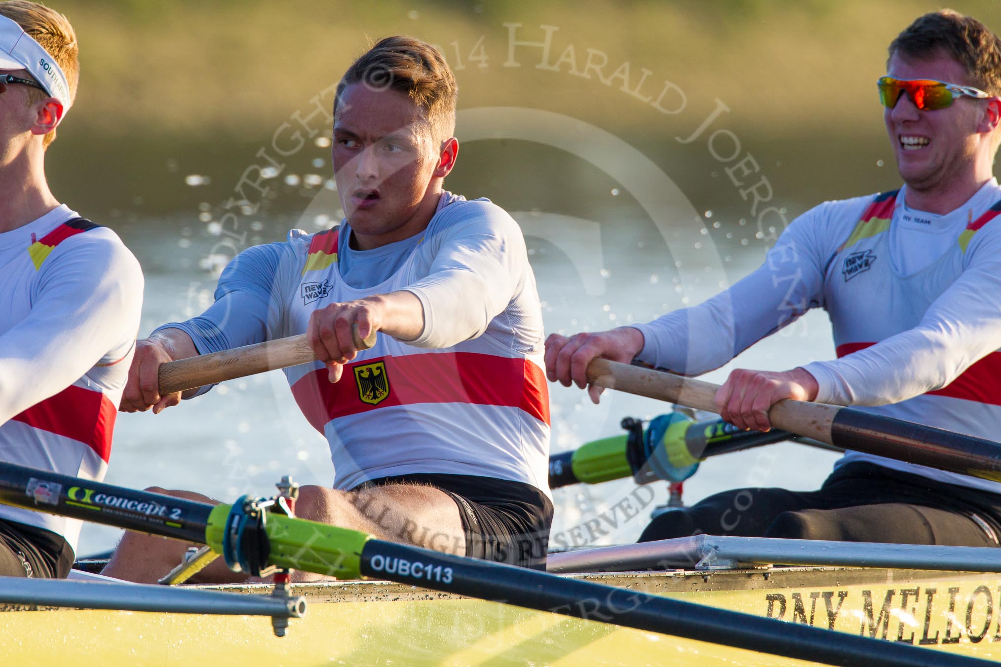 The Boat Race season 2014 - fixture OUBC vs German U23: The German U23-boat: 6 Arne Schwiethal, 5 Johannes Weissenfeld..
River Thames between Putney Bridge and Chiswick Bridge,



on 08 March 2014 at 16:56, image #159