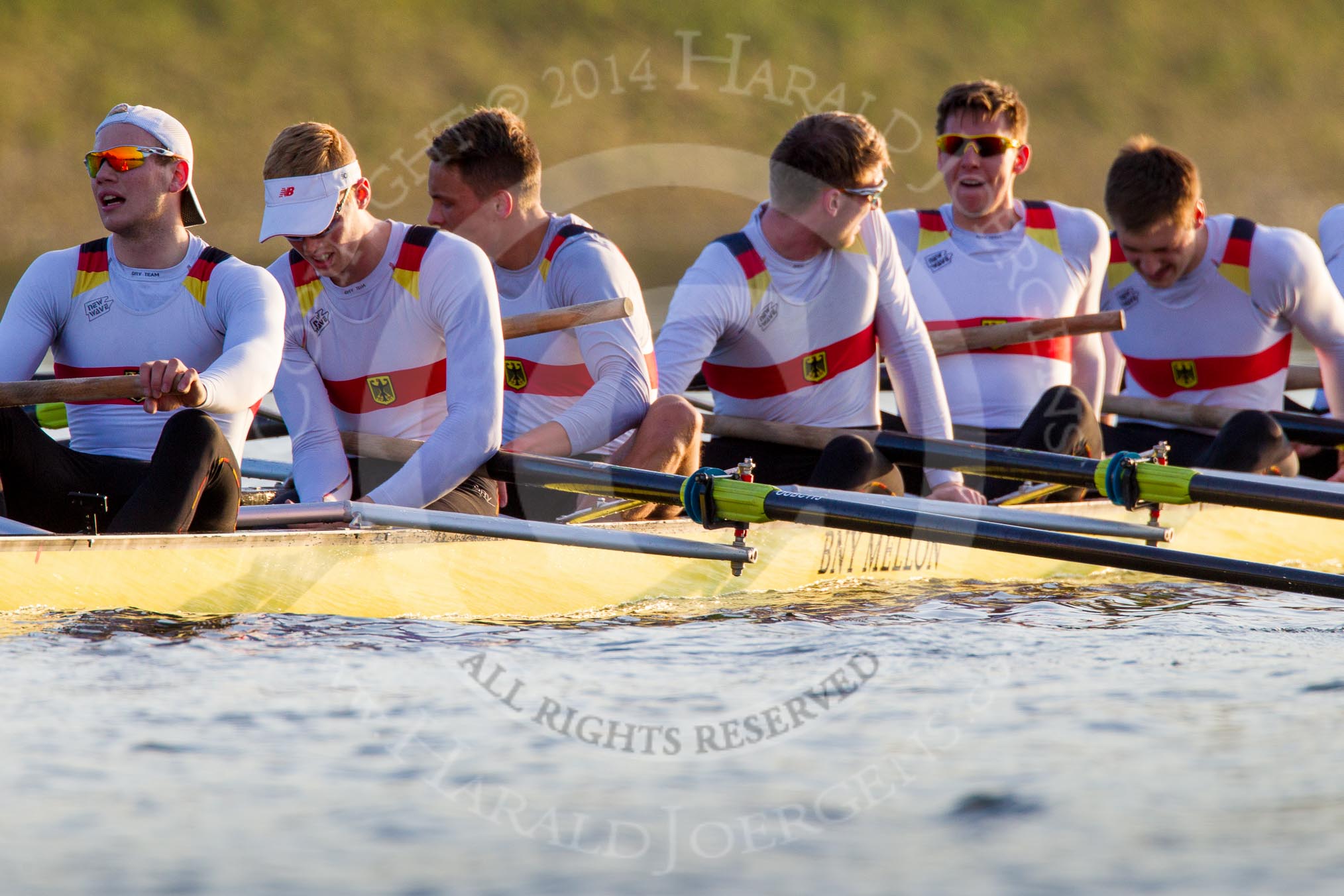 The Boat Race season 2014 - fixture OUBC vs German U23: The German U23-boat during a break between the two races: stroke Eike Kutzki, 7 Ole Schwiethal, 6 Arne Schwiethal, 5 Johannes Weissenfeld, 4 Maximilian Korge, 3 Malte Daberkow..
River Thames between Putney Bridge and Chiswick Bridge,



on 08 March 2014 at 16:57, image #161