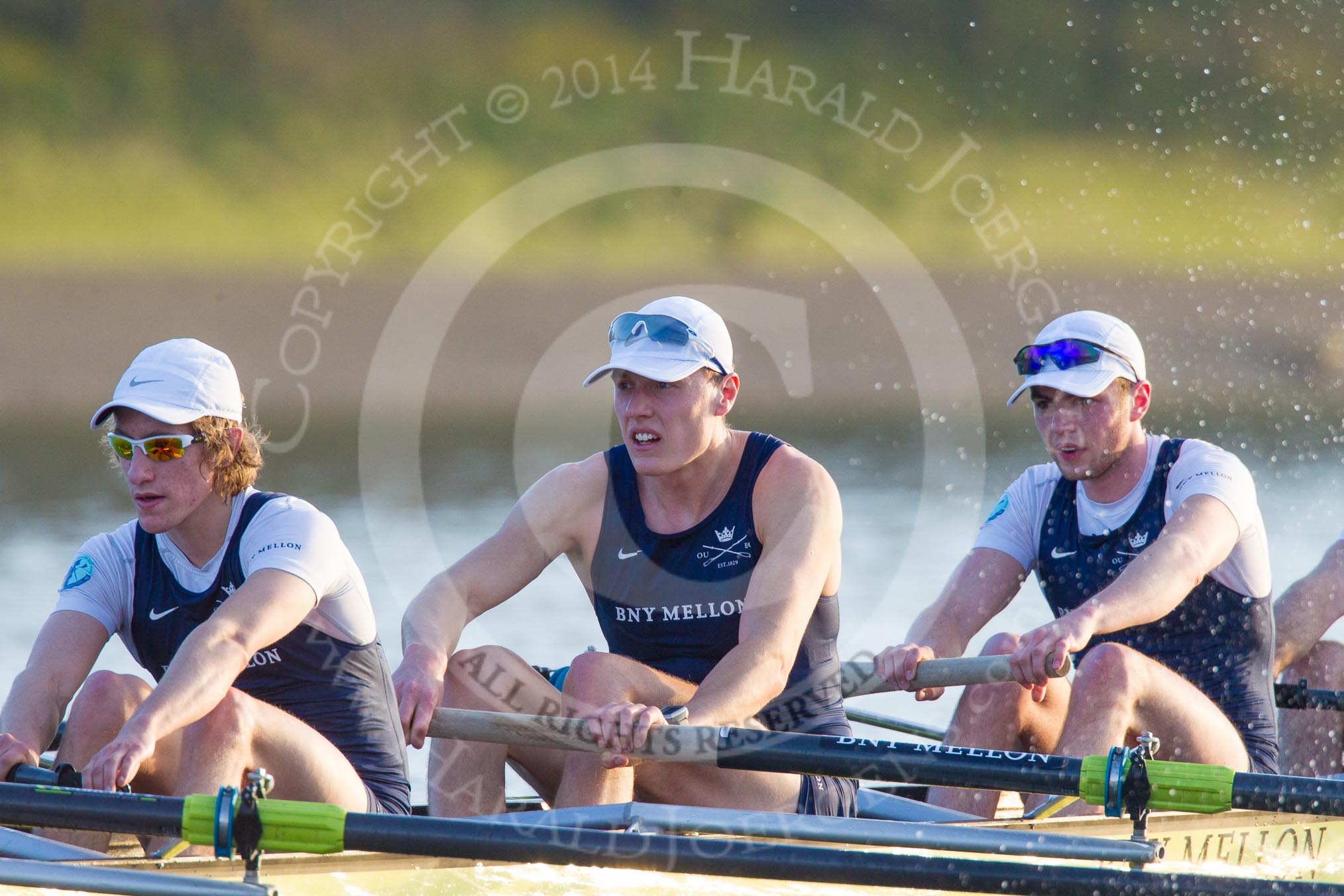 The Boat Race season 2014 - fixture OUBC vs German U23: The OUBC boat during a break between the two races: 4 Thomas Swartz, 3 Karl Hudspith, 2 Chris Fairweather..
River Thames between Putney Bridge and Chiswick Bridge,



on 08 March 2014 at 16:59, image #176