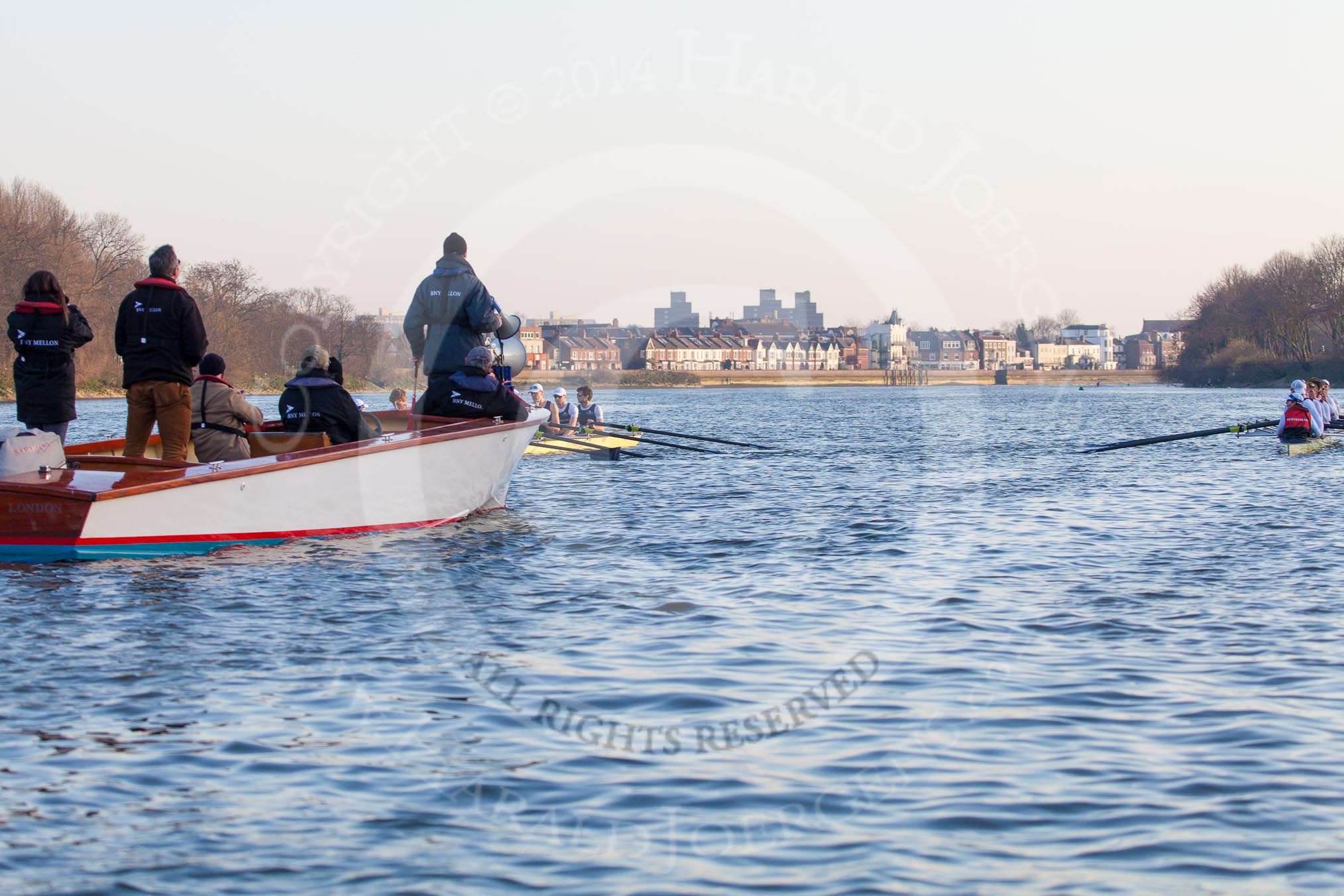 The Boat Race season 2014 - fixture OUBC vs German U23: The OUBC boat, on the left, and the German U23 boat shortly before the start of the second race..
River Thames between Putney Bridge and Chiswick Bridge,



on 08 March 2014 at 17:03, image #200