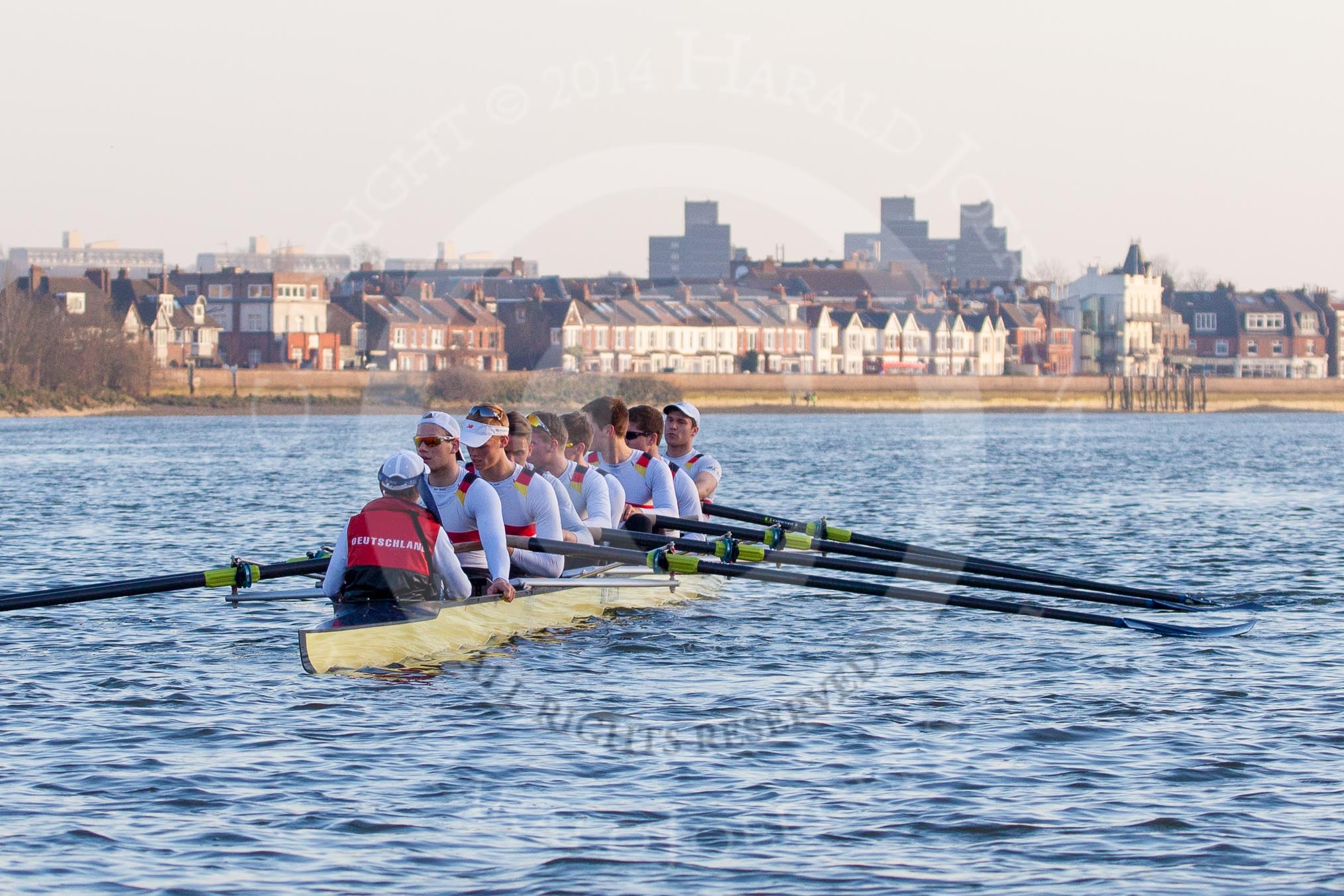 The Boat Race season 2014 - fixture OUBC vs German U23: The German U23 boat shortly before the start of the second race..
River Thames between Putney Bridge and Chiswick Bridge,



on 08 March 2014 at 17:03, image #202