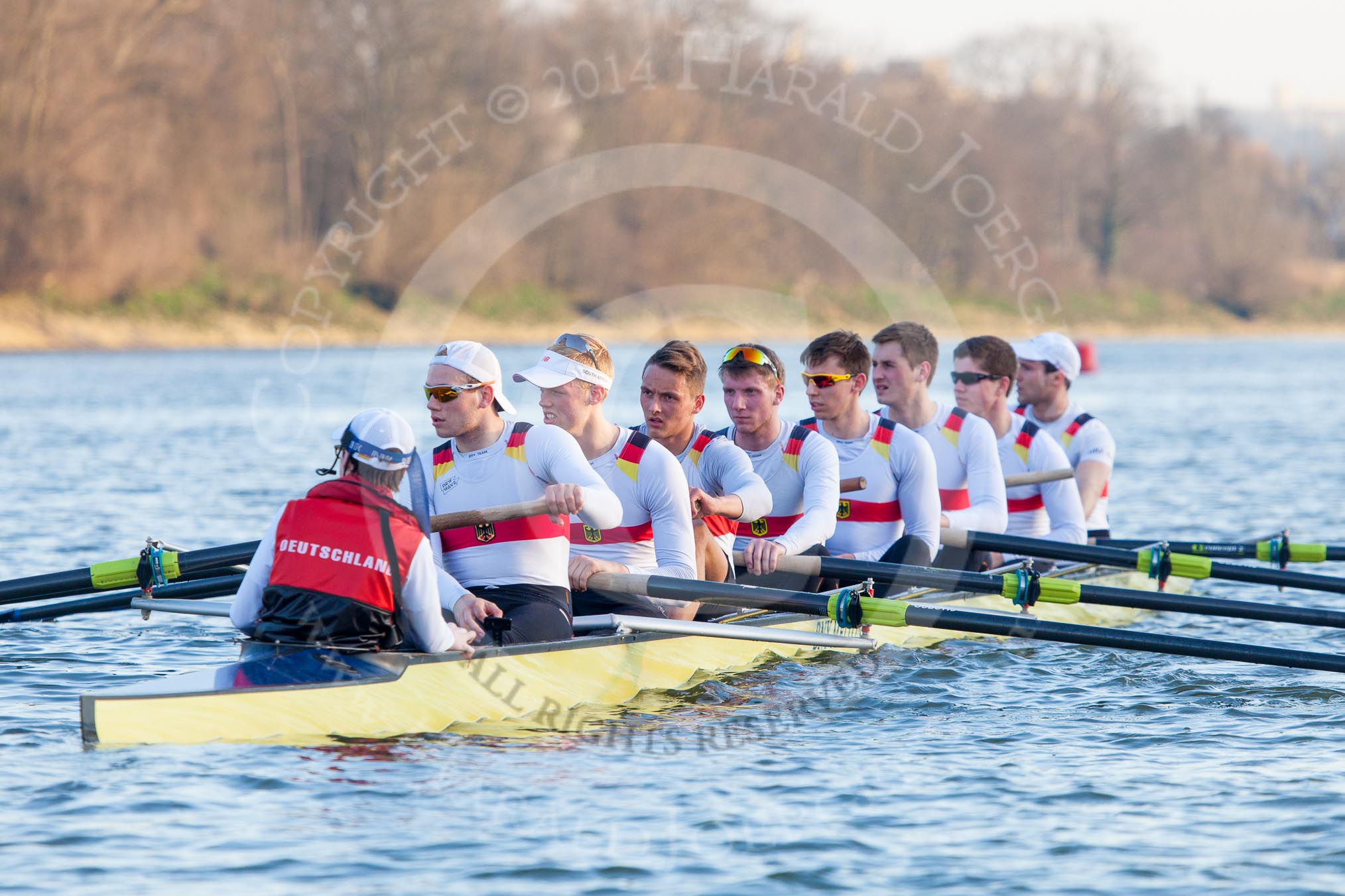 The Boat Race season 2014 - fixture OUBC vs German U23: The German U23 boat shortly before the start of the second race..
River Thames between Putney Bridge and Chiswick Bridge,



on 08 March 2014 at 17:03, image #203