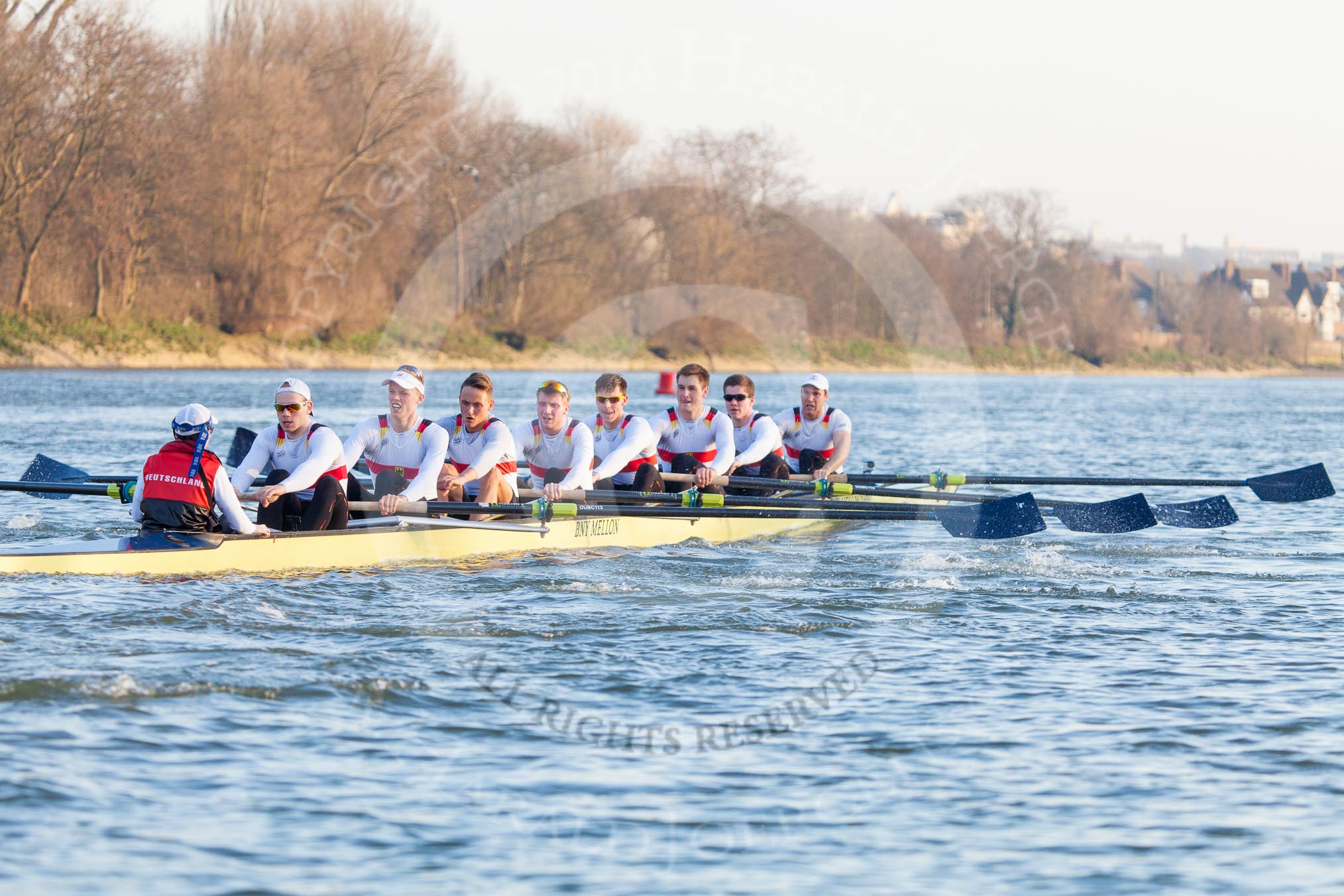 The Boat Race season 2014 - fixture OUBC vs German U23: The German U23 boat at the start of the second race..
River Thames between Putney Bridge and Chiswick Bridge,



on 08 March 2014 at 17:04, image #211