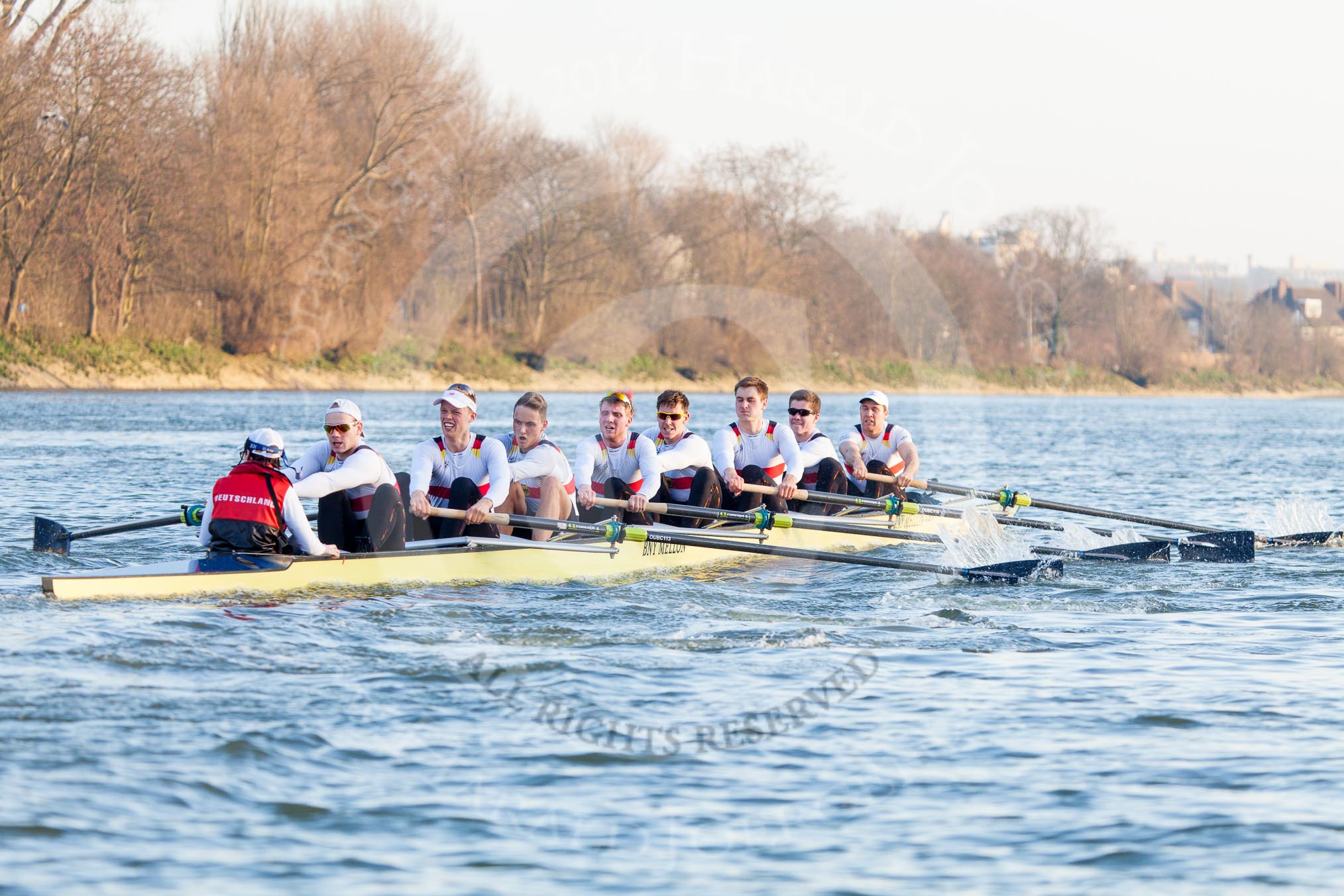 The Boat Race season 2014 - fixture OUBC vs German U23: The German U23 boat at the start of the second race..
River Thames between Putney Bridge and Chiswick Bridge,



on 08 March 2014 at 17:04, image #212