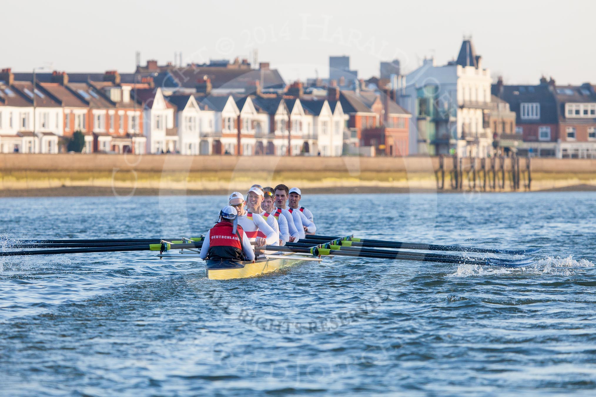 The Boat Race season 2014 - fixture OUBC vs German U23: The German U23 boat during the second race..
River Thames between Putney Bridge and Chiswick Bridge,



on 08 March 2014 at 17:05, image #226