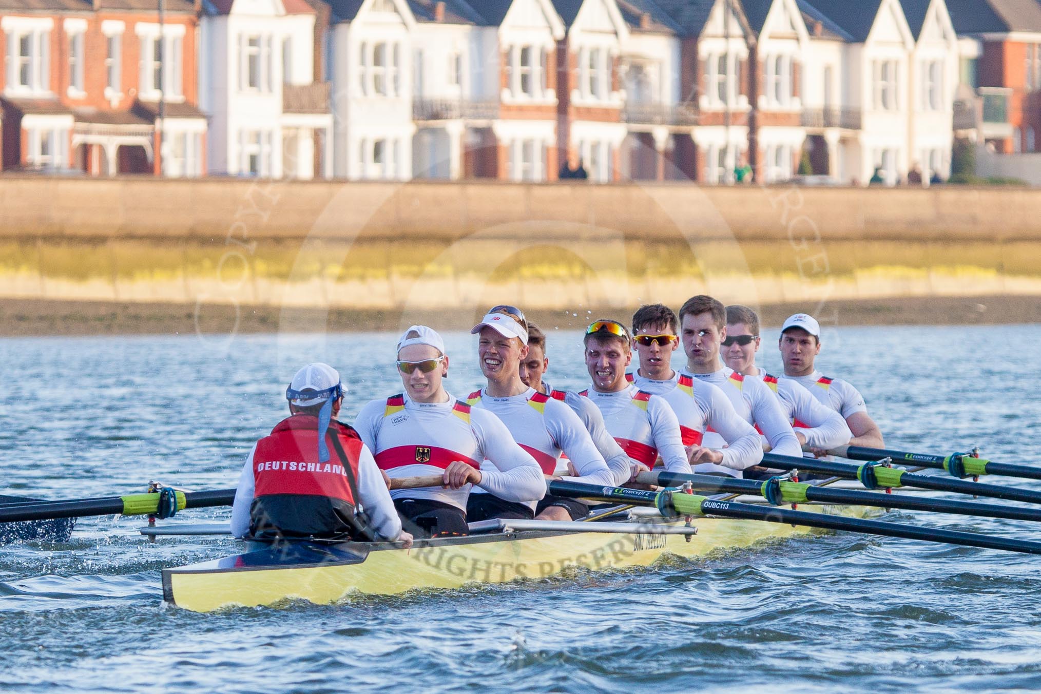 The Boat Race season 2014 - fixture OUBC vs German U23: The German U23 boat during the second race: Cox Torben Johannesen, stroke Eike Kutzki, 7 Ole Schwiethal, 6 Arne Schwiethal, 5 Johannes Weissenfeld, 4 Maximilian Korge, 3 Malte Daberkow, 2 Finn Knuppel, bow Jonas Wiesen..
River Thames between Putney Bridge and Chiswick Bridge,



on 08 March 2014 at 17:06, image #228