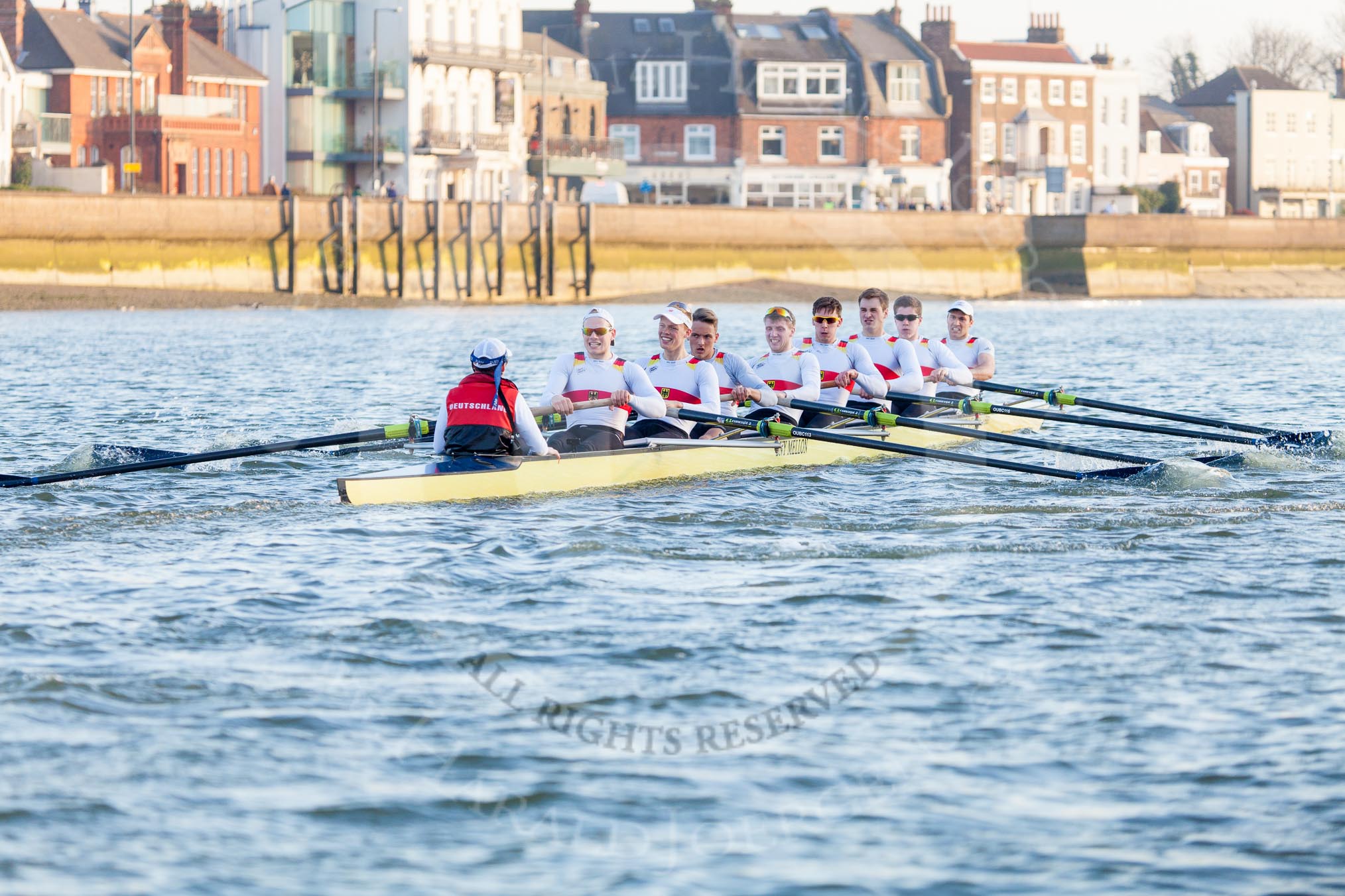 The Boat Race season 2014 - fixture OUBC vs German U23: The German U23 boat during the second race: Cox Torben Johannesen, stroke Eike Kutzki, 7 Ole Schwiethal, 6 Arne Schwiethal, 5 Johannes Weissenfeld, 4 Maximilian Korge, 3 Malte Daberkow, 2 Finn Knuppel, bow Jonas Wiesen..
River Thames between Putney Bridge and Chiswick Bridge,



on 08 March 2014 at 17:06, image #230