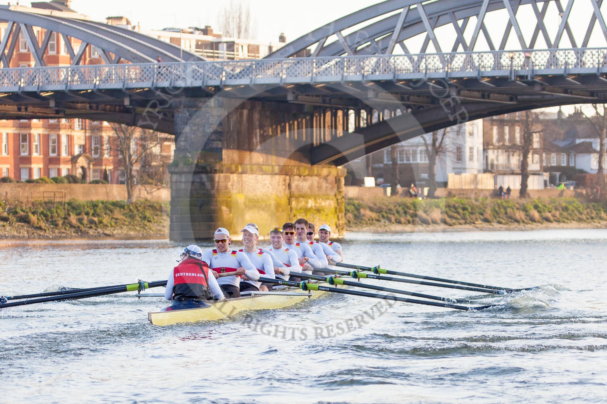 The Boat Race season 2014 - fixture OUBC vs German U23: The German U23 boat during the second race, approaching Barnes Railway Bridge..
River Thames between Putney Bridge and Chiswick Bridge,



on 08 March 2014 at 17:07, image #236