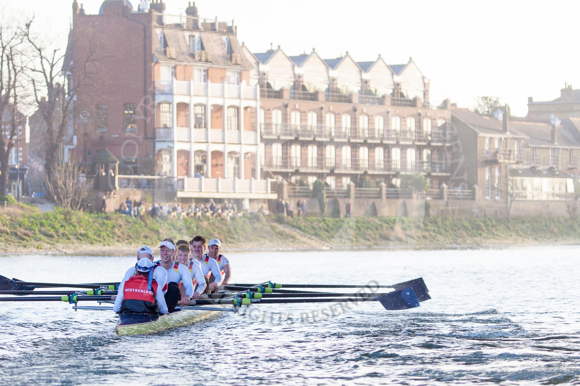 The Boat Race season 2014 - fixture OUBC vs German U23: The German U23 boat during the second race between Barnes Railway Bridge and the finish line at Chiswick Bridge..
River Thames between Putney Bridge and Chiswick Bridge,



on 08 March 2014 at 17:07, image #239