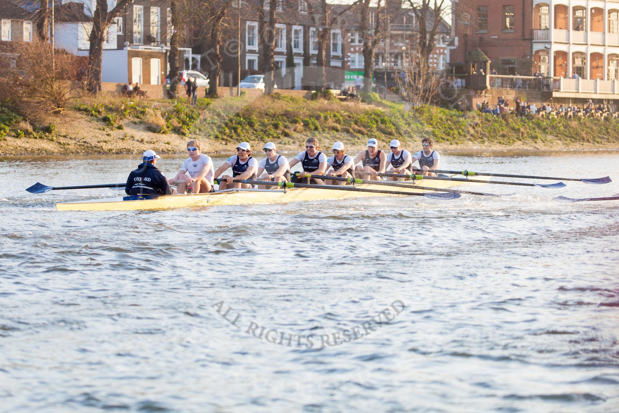 The Boat Race season 2014 - fixture OUBC vs German U23: The OUBC boat during the second race between Barnes Railway Bridge and the finish line at Chiswick Bridge..
River Thames between Putney Bridge and Chiswick Bridge,



on 08 March 2014 at 17:08, image #241