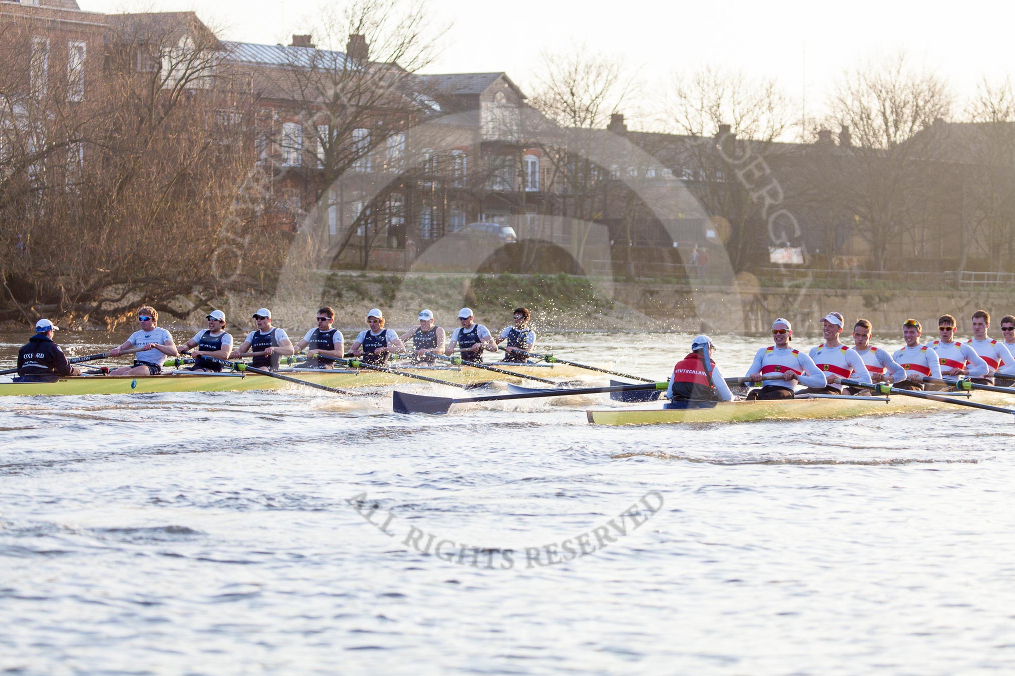 The Boat Race season 2014 - fixture OUBC vs German U23: The OUBC boat, on the left, and the German U23 boat during the second race between Barnes Railway Bridge and the finish line at Chiswick Bridge..
River Thames between Putney Bridge and Chiswick Bridge,



on 08 March 2014 at 17:08, image #246