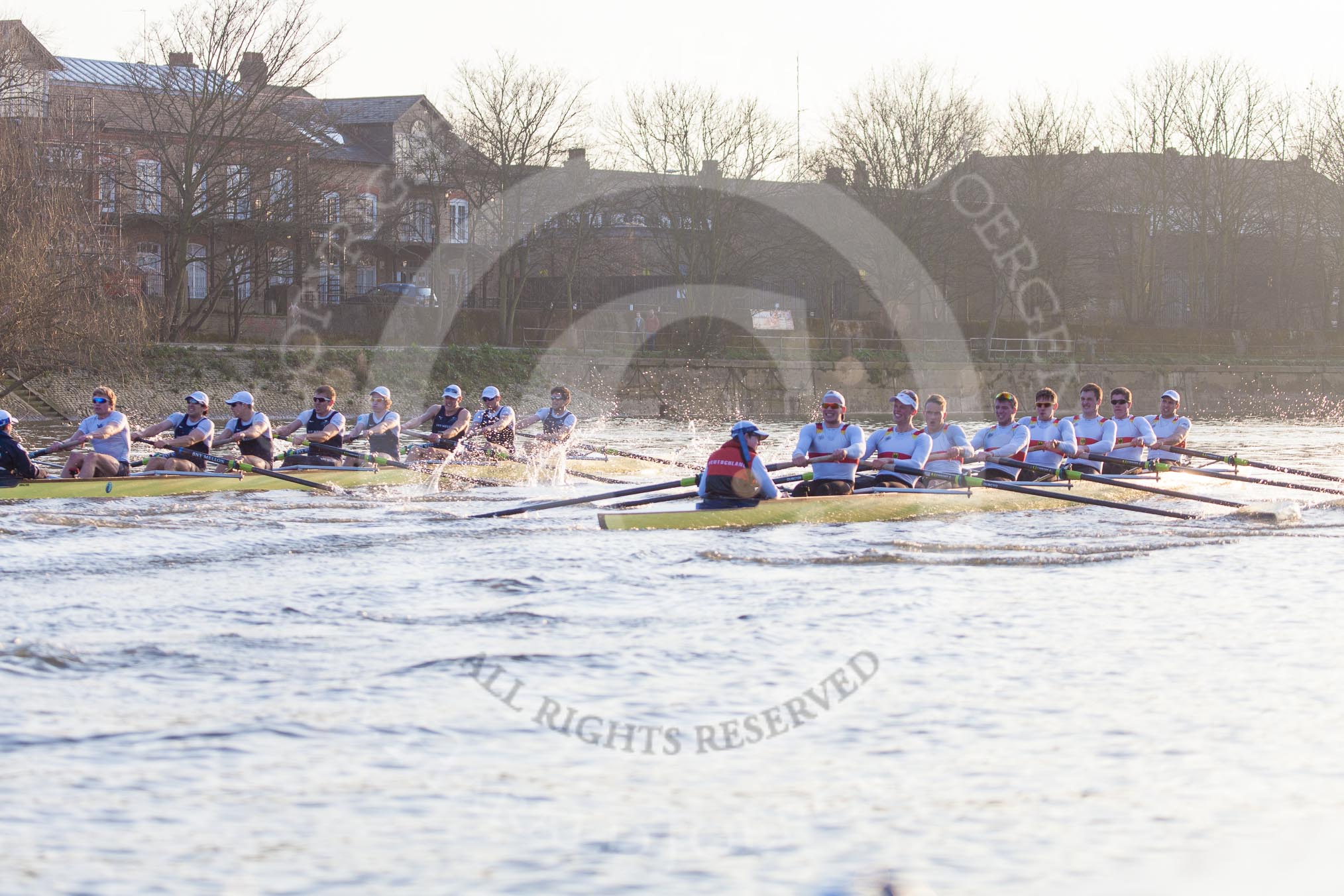 The Boat Race season 2014 - fixture OUBC vs German U23: The OUBC boat, on the left, and the German U23 boat during the second race between Barnes Railway Bridge and the finish line at Chiswick Bridge..
River Thames between Putney Bridge and Chiswick Bridge,



on 08 March 2014 at 17:08, image #247