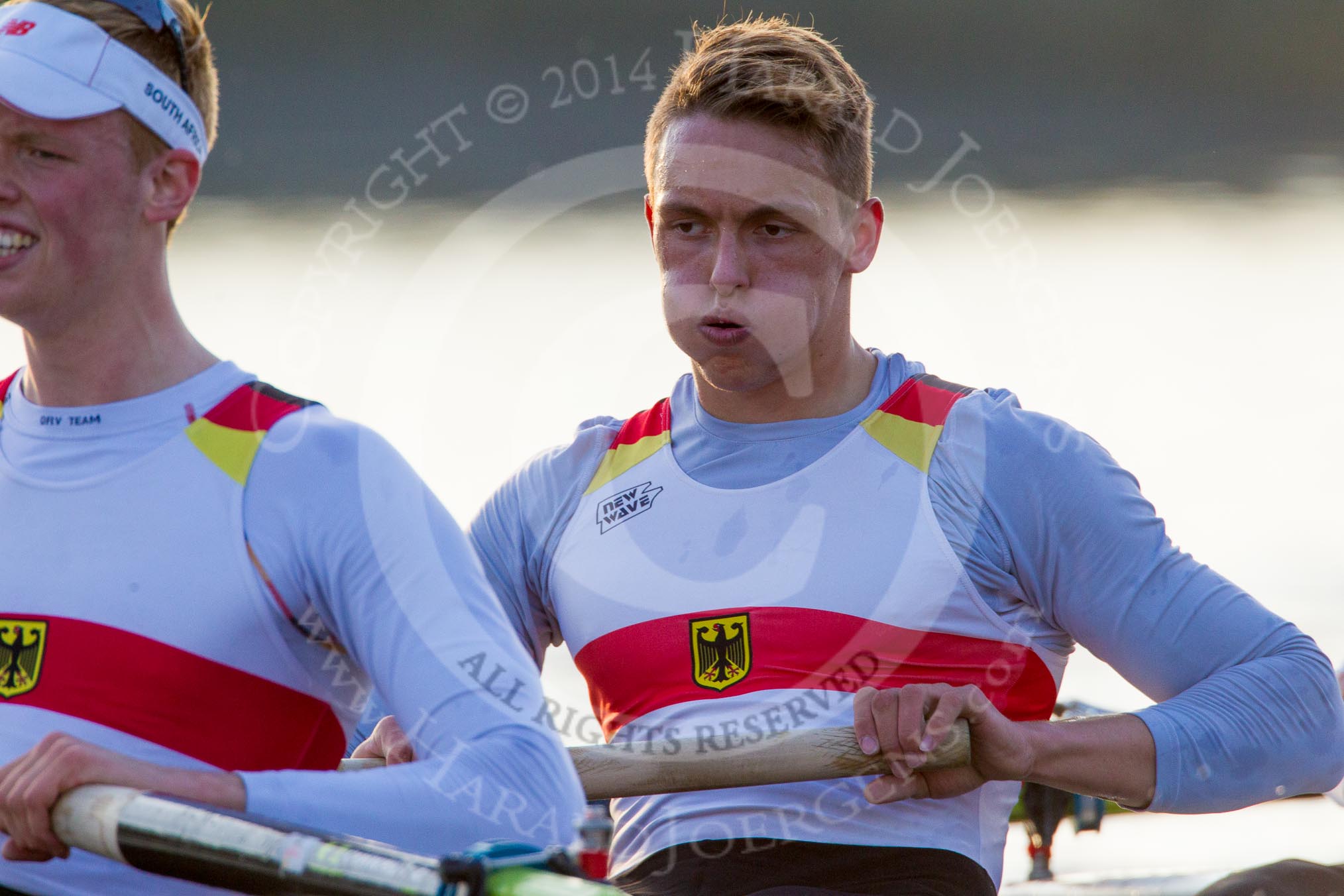 The Boat Race season 2014 - fixture OUBC vs German U23: The German U23 boat during the second race: 7 Ole Schwiethal, 6 Arne Schwiethal..
River Thames between Putney Bridge and Chiswick Bridge,



on 08 March 2014 at 17:11, image #267