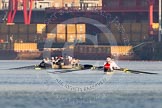 The Boat Race season 2014 - fixture OUBC vs German U23: The OUBC boat, on the left, and the German U23 on the right, waiting near Wandworth Park..
River Thames between Putney Bridge and Chiswick Bridge,



on 08 March 2014 at 16:39, image #2