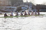 The Boat Race season 2014 - fixture OUBC vs German U23: The race is on - the German U23-boat, on the left, and the OUBC boat approaching Putney Pier..
River Thames between Putney Bridge and Chiswick Bridge,



on 08 March 2014 at 16:45, image #33