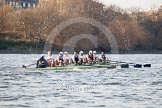 The Boat Race season 2014 - fixture OUBC vs German U23: The OUBC boat approaching the Harrods Depository..
River Thames between Putney Bridge and Chiswick Bridge,



on 08 March 2014 at 16:50, image #96