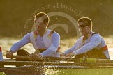 The Boat Race season 2014 - fixture OUBC vs German U23: The German U23 during the first race, shot against the low evening sun: 3 Malte Daberkow, 2 Finn Knuppel..
River Thames between Putney Bridge and Chiswick Bridge,



on 08 March 2014 at 16:54, image #128