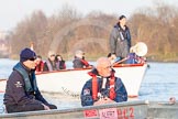 The Boat Race season 2014 - fixture OUBC vs German U23: OUBC coach Sean Bowden during a break between the two races, behind the umpire's launch..
River Thames between Putney Bridge and Chiswick Bridge,



on 08 March 2014 at 17:01, image #185