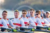 The Boat Race season 2014 - fixture OUBC vs German U23: The German U23-boat: 6 Arne Schwiethal, 5 Johannes Weissenfeld, 4 Maximilian Korge, 3 Malte Daberkow, 2 Finn Knuppel, bow Jonas Wiesen. In the background the leading OUBC boat..
River Thames between Putney Bridge and Chiswick Bridge,



on 08 March 2014 at 17:02, image #194