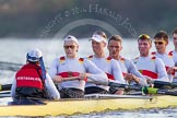 The Boat Race season 2014 - fixture OUBC vs German U23: The German U23-boat: Cox Torben Johannesen, stroke Eike Kutzki, 7 Ole Schwiethal, 6 Arne Schwiethal, 5 Johannes Weissenfeld, 4 Maximilian Korge..
River Thames between Putney Bridge and Chiswick Bridge,



on 08 March 2014 at 17:02, image #198