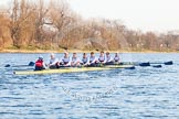The Boat Race season 2014 - fixture OUBC vs German U23: The German U23 boat at the start of the second race: Cox Torben Johannesen, stroke Eike Kutzki, 7 Ole Schwiethal, 6 Arne Schwiethal, 5 Johannes Weissenfeld, 4 Maximilian Korge, 3 Malte Daberkow, 2 Finn Knuppel, bow Jonas Wiesen..
River Thames between Putney Bridge and Chiswick Bridge,



on 08 March 2014 at 17:04, image #217