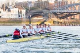 The Boat Race season 2014 - fixture OUBC vs German U23: The German U23 boat during the second race, approaching Barnes Railway Bridge: Cox Torben Johannesen, stroke Eike Kutzki, 7 Ole Schwiethal, 6 Arne Schwiethal, 5 Johannes Weissenfeld, 4 Maximilian Korge, 3 Malte Daberkow, 2 Finn Knuppel, bow Jonas Wiesen..
River Thames between Putney Bridge and Chiswick Bridge,



on 08 March 2014 at 17:07, image #233