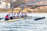 The Boat Race season 2014 - fixture OUBC vs German U23: The German U23 boat during the second race, approaching Barnes Railway Bridge: Cox Torben Johannesen, stroke Eike Kutzki, 7 Ole Schwiethal, 6 Arne Schwiethal, 5 Johannes Weissenfeld, 4 Maximilian Korge, 3 Malte Daberkow, 2 Finn Knuppel, bow Jonas Wiesen..
River Thames between Putney Bridge and Chiswick Bridge,



on 08 March 2014 at 17:07, image #234