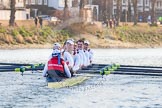 The Boat Race season 2014 - fixture OUBC vs German U23: The German U23 boat during the second race, approaching Barnes Railway Bridge: Cox Torben Johannesen, stroke Eike Kutzki, 7 Ole Schwiethal, 6 Arne Schwiethal, 5 Johannes Weissenfeld, 4 Maximilian Korge, 3 Malte Daberkow, 2 Finn Knuppel, bow Jonas Wiesen..
River Thames between Putney Bridge and Chiswick Bridge,



on 08 March 2014 at 17:07, image #238