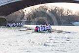 The Boat Race season 2014 - fixture OUBC vs German U23: The OUBC boat, on the left, and the German U23 boat after finishing the second race at Chiswick Bridge..
River Thames between Putney Bridge and Chiswick Bridge,



on 08 March 2014 at 17:11, image #275