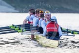 The Boat Race season 2014 - fixture OUBC vs German U23: The German U23 boat after finishing the second race at Chiswick Bridge: Cox Torben Johannesen, stroke Eike Kutzki, 7 Ole Schwiethal, 6 Arne Schwiethal, 5 Johannes Weissenfeld, 4 Maximilian Korge, 3 Malte Daberkow, 2 Finn Knuppel, bow Jonas Wiesen..
River Thames between Putney Bridge and Chiswick Bridge,



on 08 March 2014 at 17:12, image #278
