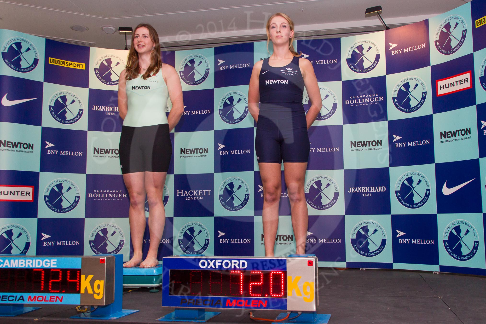 The Boat Race season 2014 - Crew Announcement and Weigh In: The 2014 Women's Boat Race crews, Cambridge 7 seat Claire Watkins  and Oxford 7 seat Amber De Vere..
BNY Mellon Centre,
London EC4V 4LA,
London,
United Kingdom,
on 10 March 2014 at 11:49, image #44