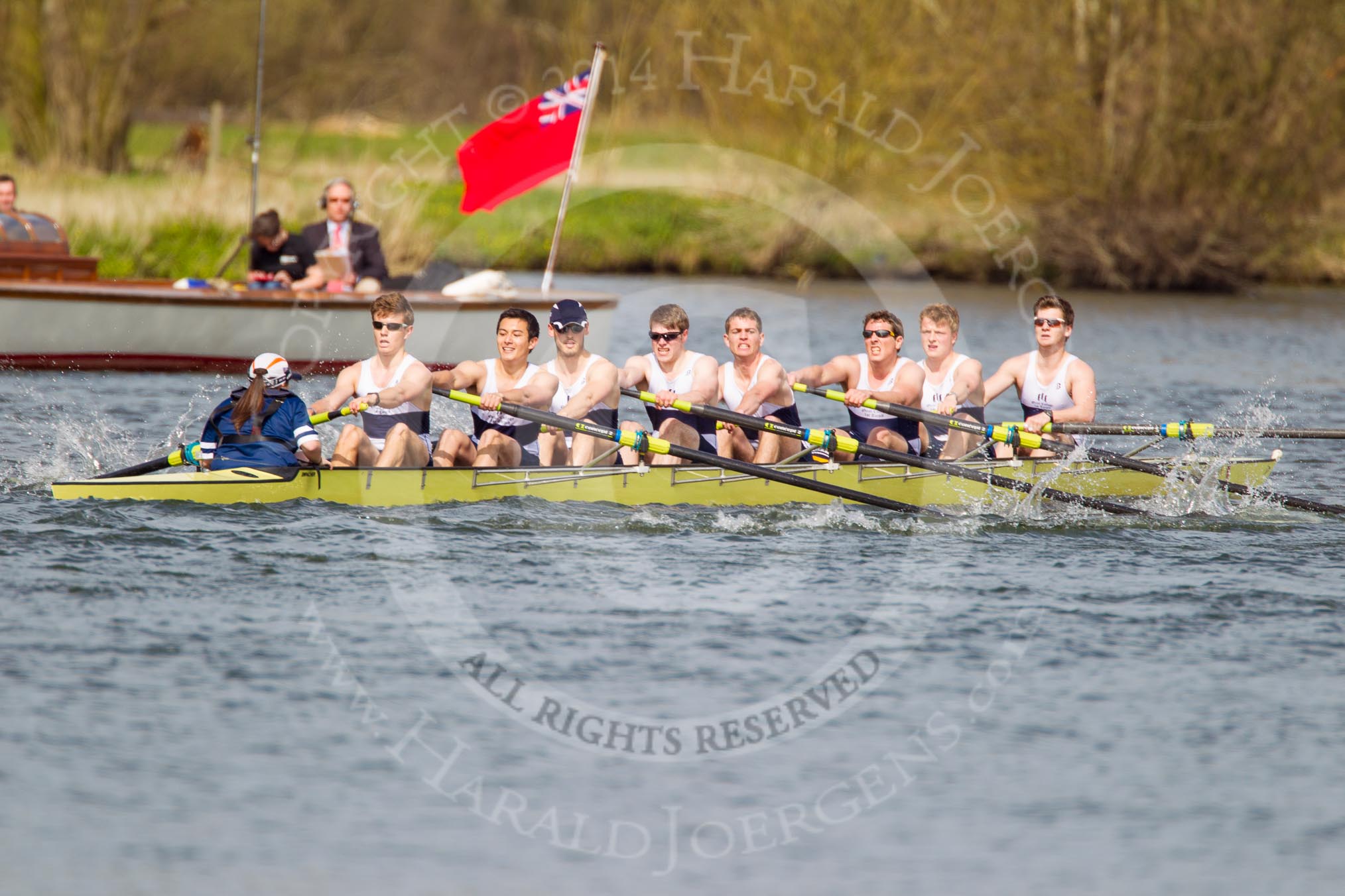 The Women's Boat Race and Henley Boat Races 2014: The Intercollegiate men's race. Oriel College (Oxford) passing the press launch..
River Thames,
Henley-on-Thames,
Buckinghamshire,
United Kingdom,
on 30 March 2014 at 13:52, image #109