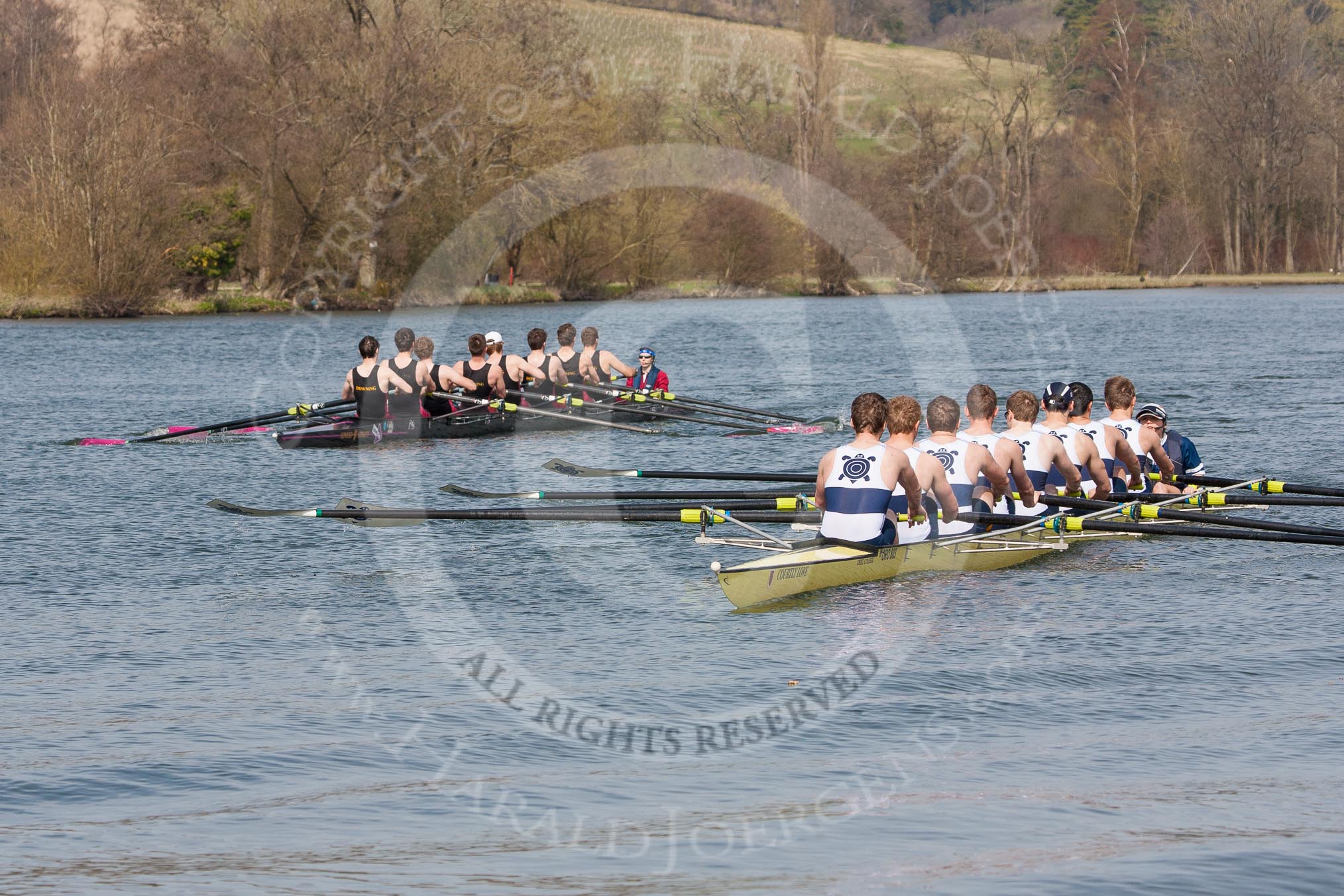 The Women's Boat Race and Henley Boat Races 2014: After the Intercollegiate men's race, the two boats returning to the start. Downing College (Cambridge, on the left) and Oriel College (Oxford)..
River Thames,
Henley-on-Thames,
Buckinghamshire,
United Kingdom,
on 30 March 2014 at 14:00, image #119