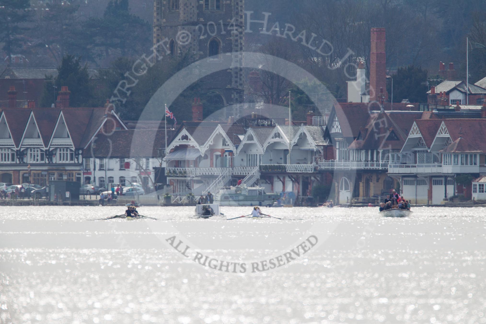 The Women's Boat Race and Henley Boat Races 2014: The Women's Reserves - Osiris v. Blondie race - shortly after the start at Henley. Osiris (Oxford) is on the left, Blondie (Cambridge) on the right..
River Thames,
Henley-on-Thames,
Buckinghamshire,
United Kingdom,
on 30 March 2014 at 14:13, image #136
