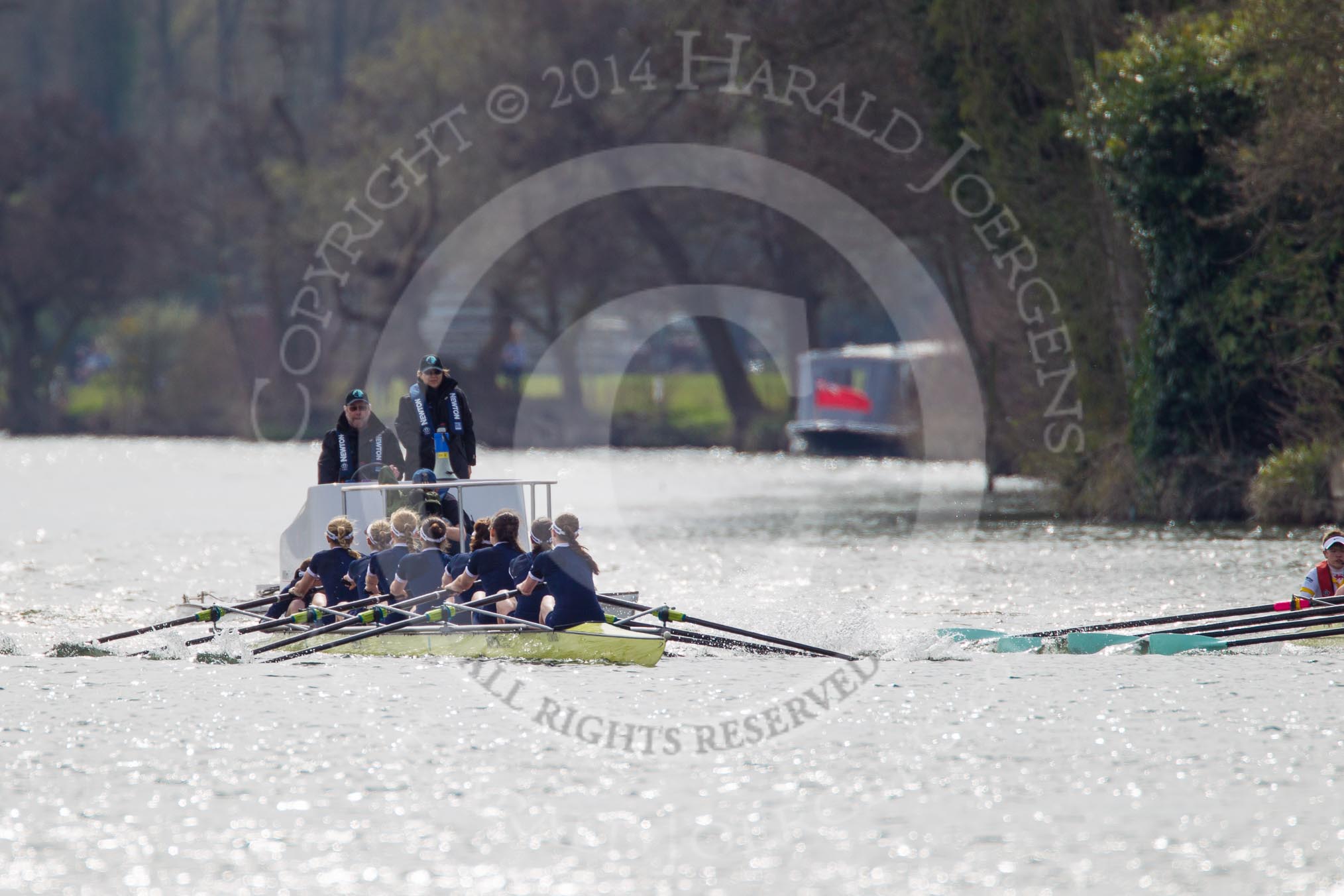 The Women's Boat Race and Henley Boat Races 2014: The Women's Reserves - Osiris v. Blondie race. Osiris (Oxford) with cox Olivia Cleary, stroke Hannah Roberts, 7 Claire Jamison, 6 Elo Luik, 5 Chloe Farrar, 4 Hannah Baddock, 3 Rhianna Cearns, 2 Hannah Ledbury, bow Dora Amos..
River Thames,
Henley-on-Thames,
Buckinghamshire,
United Kingdom,
on 30 March 2014 at 14:16, image #144