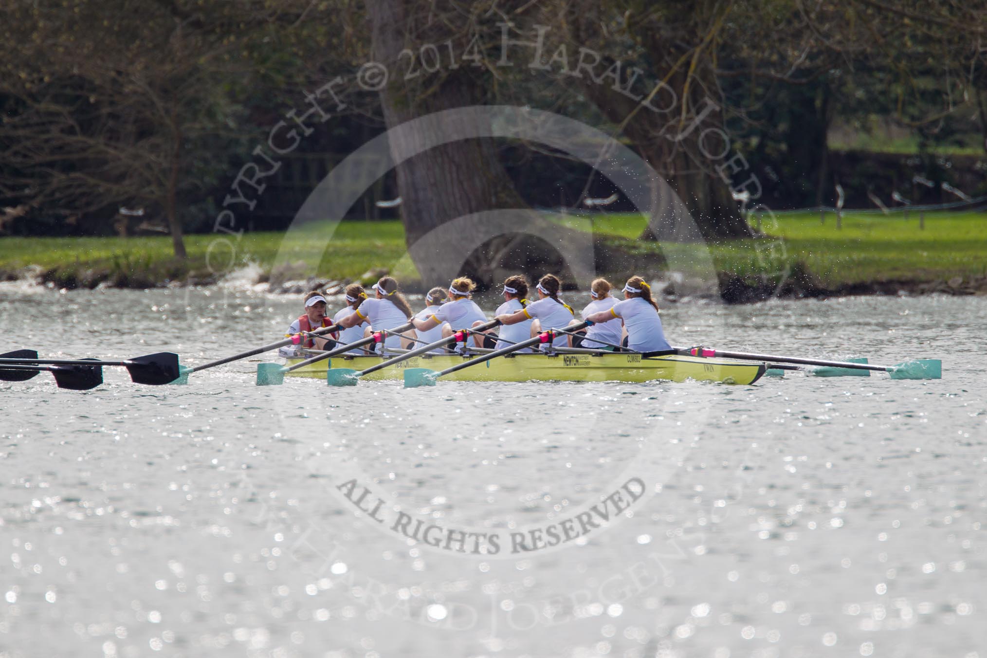 The Women's Boat Race and Henley Boat Races 2014: The Women's Reserves - Osiris v. Blondie race. Blondie (Cambridge) with cox Will McDermott, stroke Hannah Evans, 7 Nicole Stephens, 6 Sarah Crowther, 5 Hannah Roberts, 4 Gabriella Johannson, 3 Anouska Bartlett, 2 Sara Lackner, bow Tamsin Samuels..
River Thames,
Henley-on-Thames,
Buckinghamshire,
United Kingdom,
on 30 March 2014 at 14:16, image #147