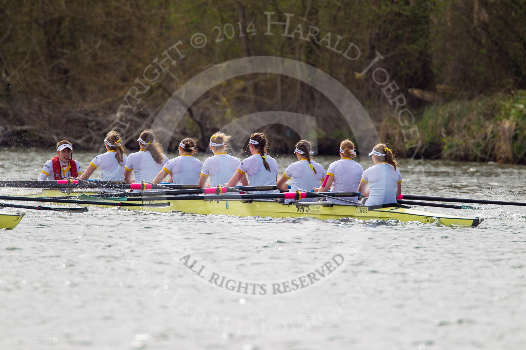 The Women's Boat Race and Henley Boat Races 2014: The Women's Reserves - Osiris v. Blondie race. Blondie (Cambridge) with cox Will McDermott, stroke Hannah Evans, 7 Nicole Stephens, 6 Sarah Crowther, 5 Hannah Roberts, 4 Gabriella Johannson, 3 Anouska Bartlett, 2 Sara Lackner, bow Tamsin Samuels..
River Thames,
Henley-on-Thames,
Buckinghamshire,
United Kingdom,
on 30 March 2014 at 14:16, image #152