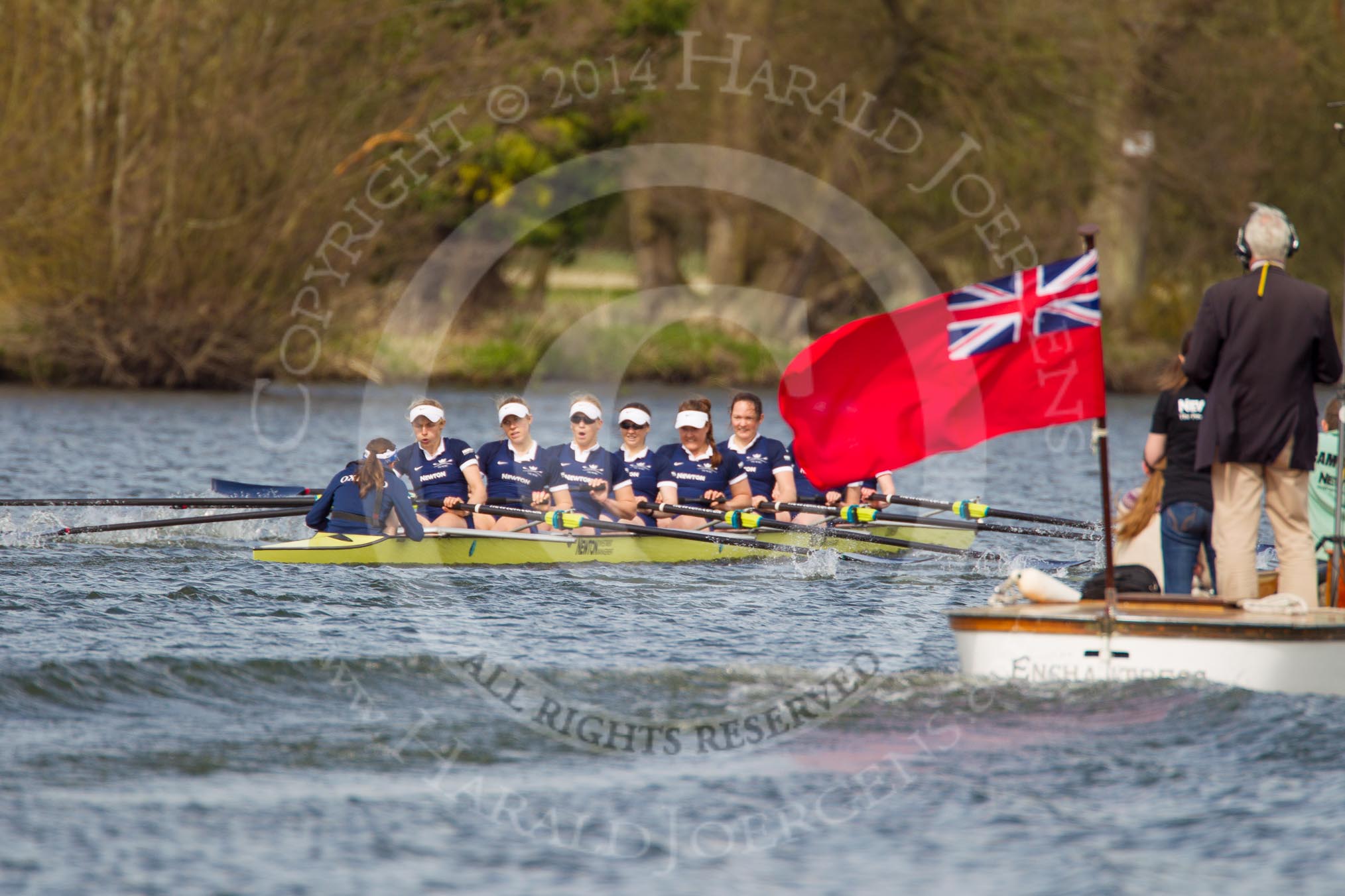 The Women's Boat Race and Henley Boat Races 2014: The Women's Reserves - Osiris v. Blondie race. Osiris (Oxford), in the lead, is passing the press launch..
River Thames,
Henley-on-Thames,
Buckinghamshire,
United Kingdom,
on 30 March 2014 at 14:17, image #173