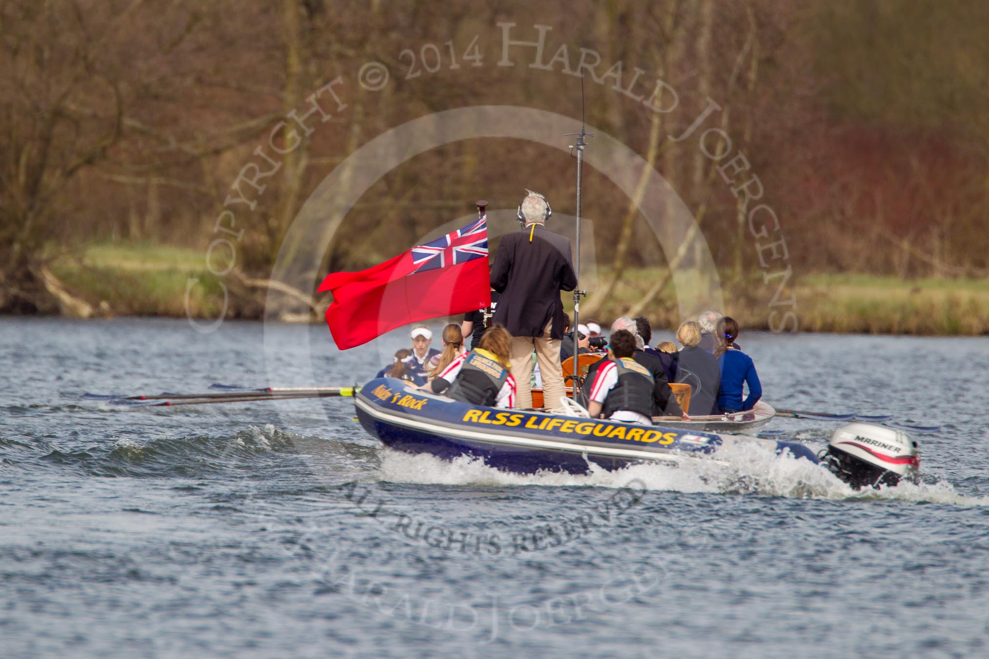 The Women's Boat Race and Henley Boat Races 2014: The Women's Reserves - Osiris v. Osiris behind the press launch behind the RLSS Lifeguards RIB..
River Thames,
Henley-on-Thames,
Buckinghamshire,
United Kingdom,
on 30 March 2014 at 14:17, image #178